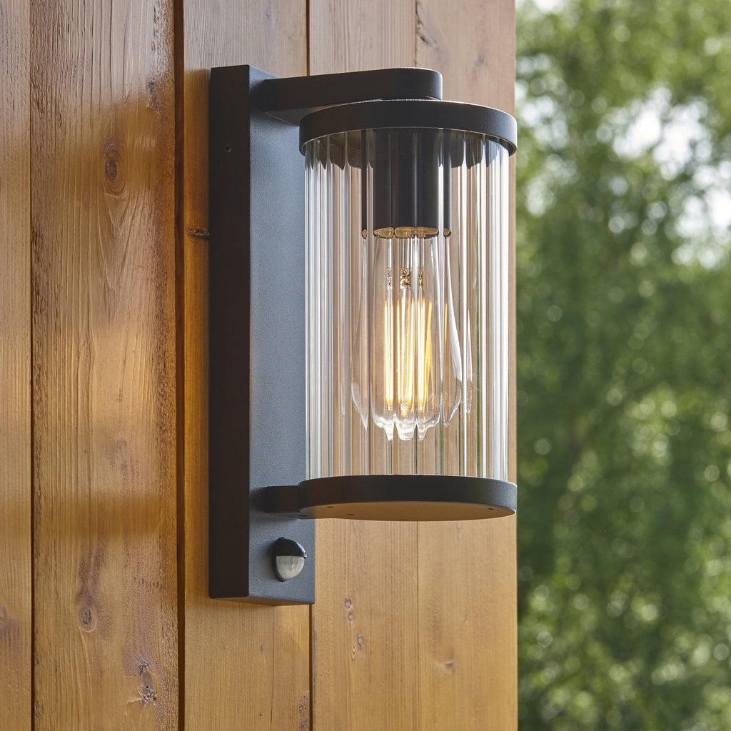 120537 Newcombe Outdoor Pir Wall Light Matt Black & Clear Ribbed Glass
