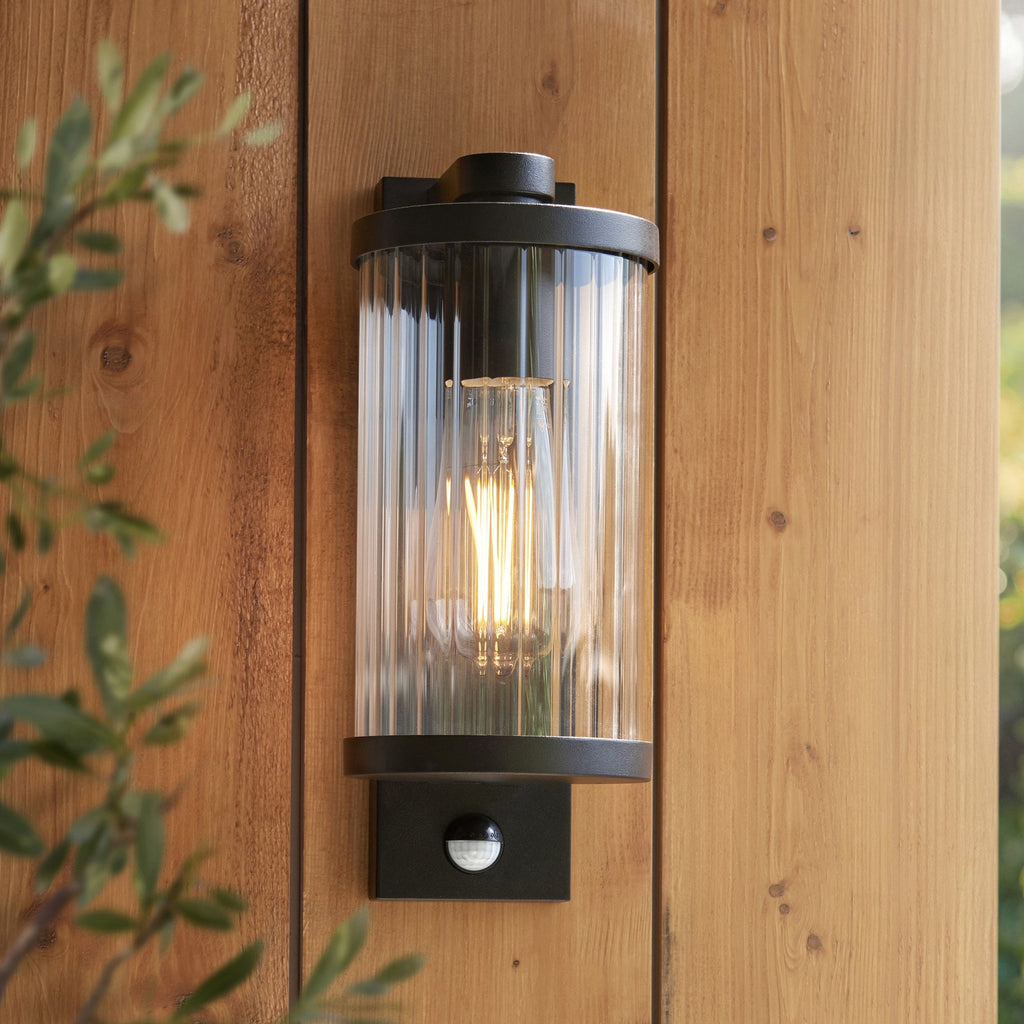 120537 Newcombe Outdoor Pir Wall Light Matt Black & Clear Ribbed Glass