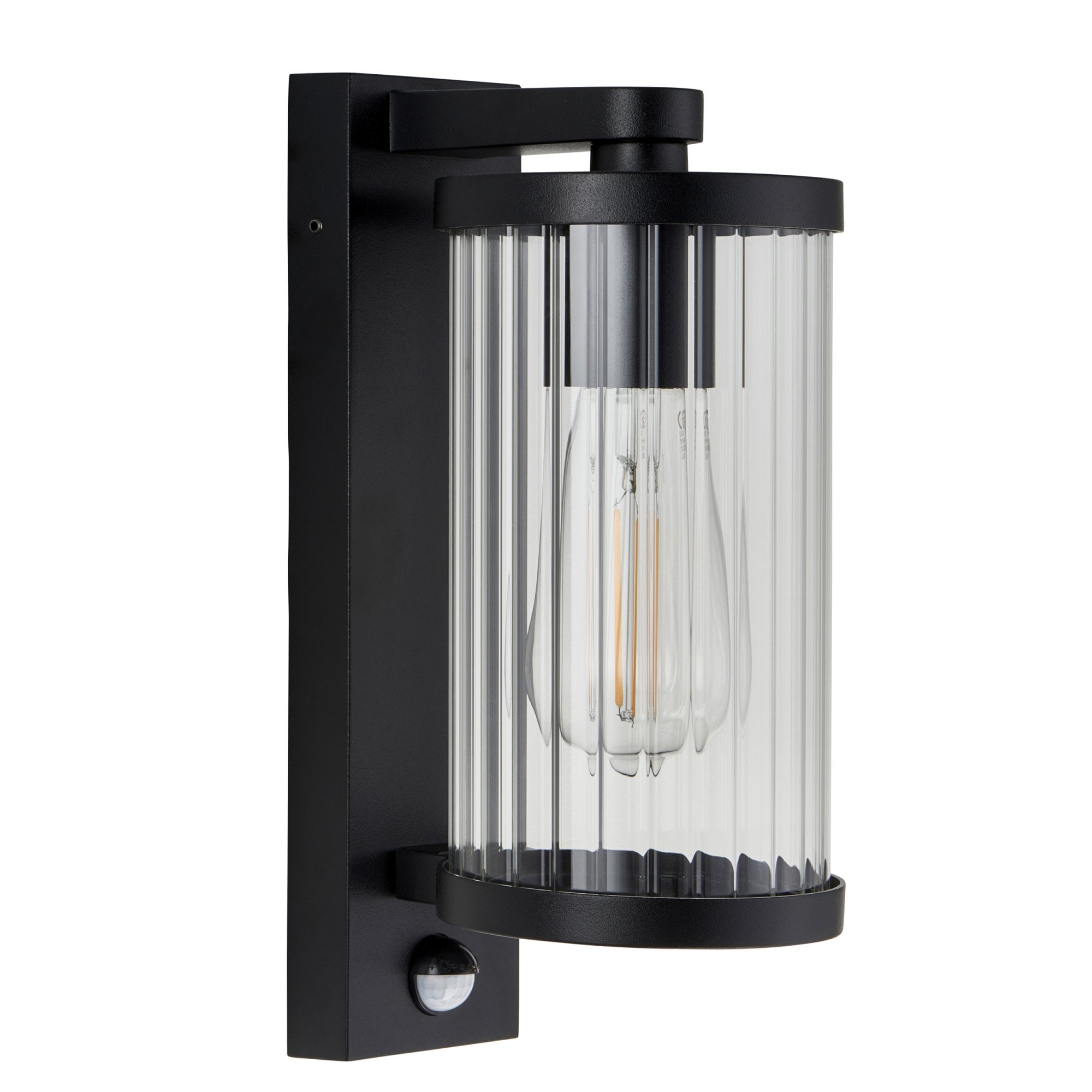120537 Newcombe Outdoor Pir Wall Light Matt Black & Clear Ribbed Glass