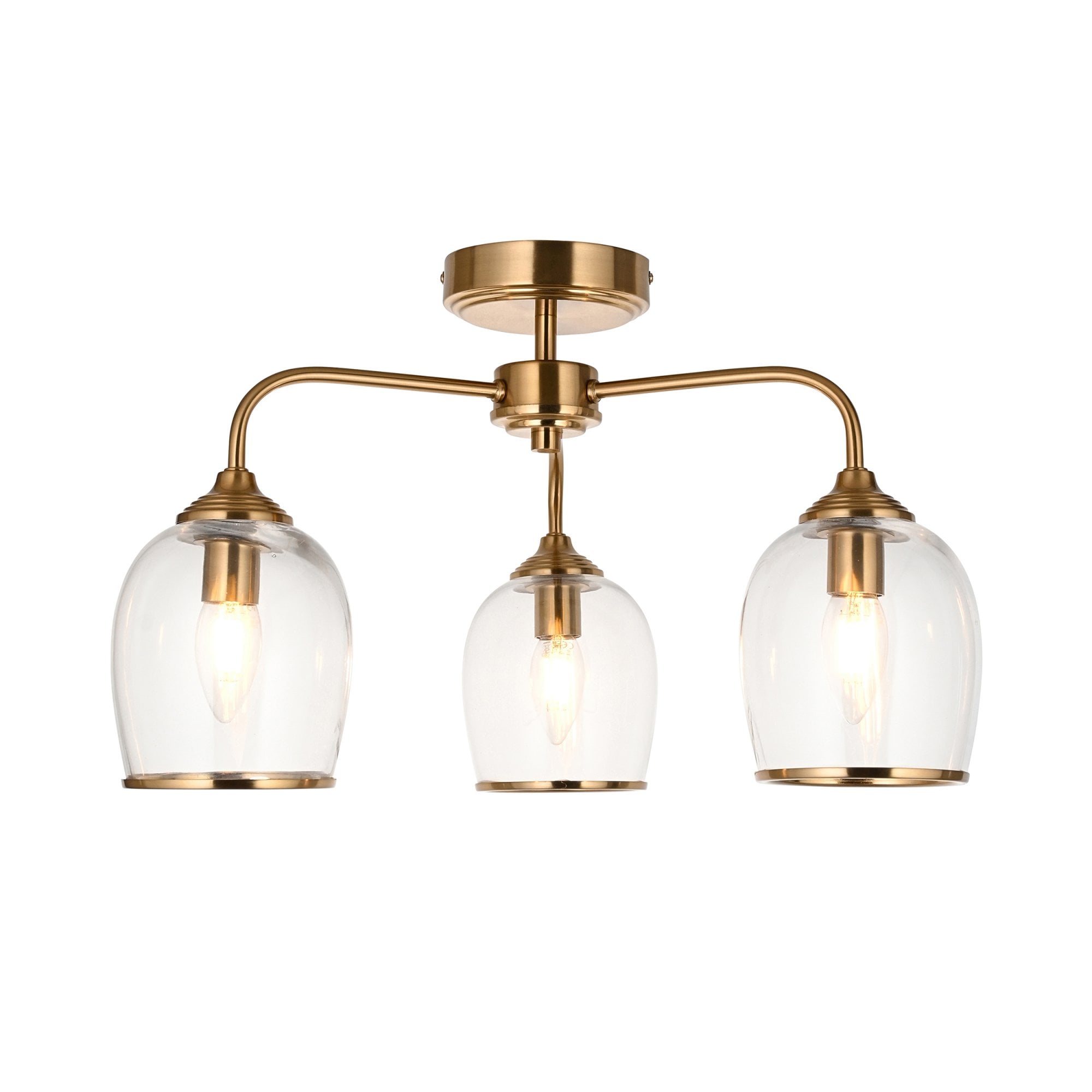 120616 Ashcroft 3 Light Semi Flush Ceiling Light Brushed Aged Brass Plate & Clear Glass
