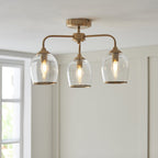 120616 Ashcroft 3 Light Semi Flush Ceiling Light Brushed Aged Brass Plate & Clear Glass