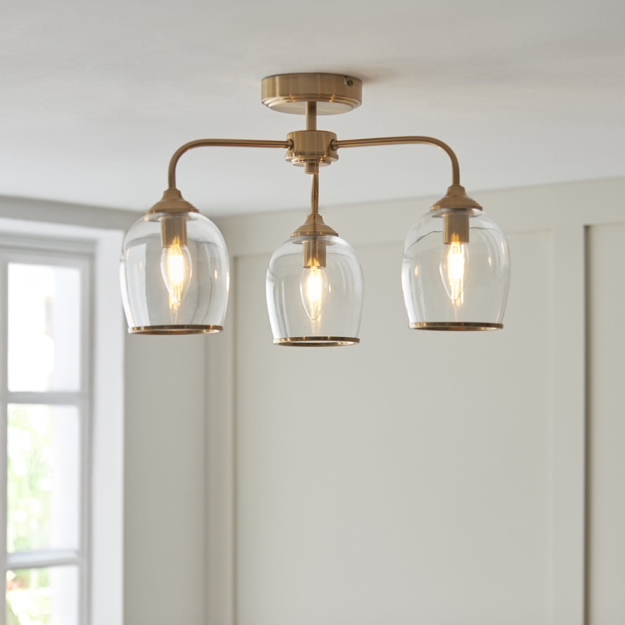 120616 Ashcroft 3 Light Semi Flush Ceiling Light Brushed Aged Brass Plate & Clear Glass