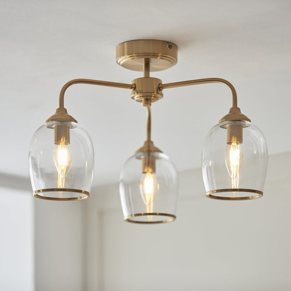 120616 Ashcroft 3 Light Semi Flush Ceiling Light Brushed Aged Brass Plate & Clear Glass