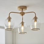 120616 Ashcroft 3 Light Semi Flush Ceiling Light Brushed Aged Brass Plate & Clear Glass