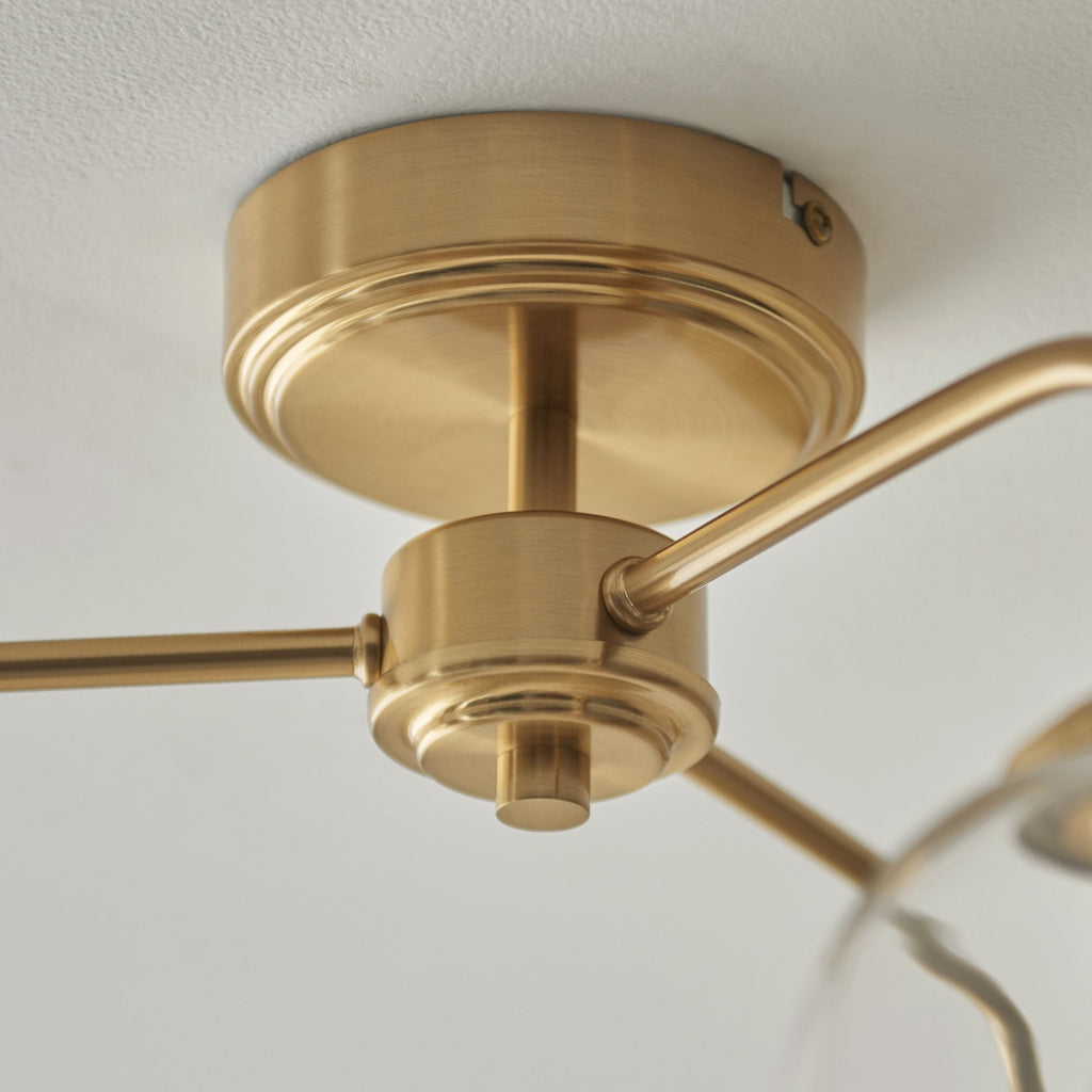 120616 Ashcroft 3 Light Semi Flush Ceiling Light Brushed Aged Brass Plate & Clear Glass