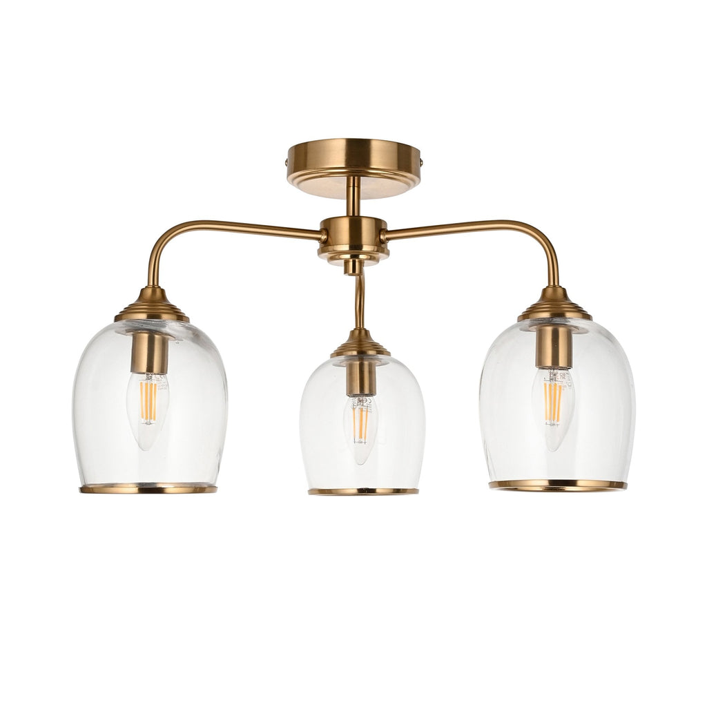 120616 Ashcroft 3 Light Semi Flush Ceiling Light Brushed Aged Brass Plate & Clear Glass