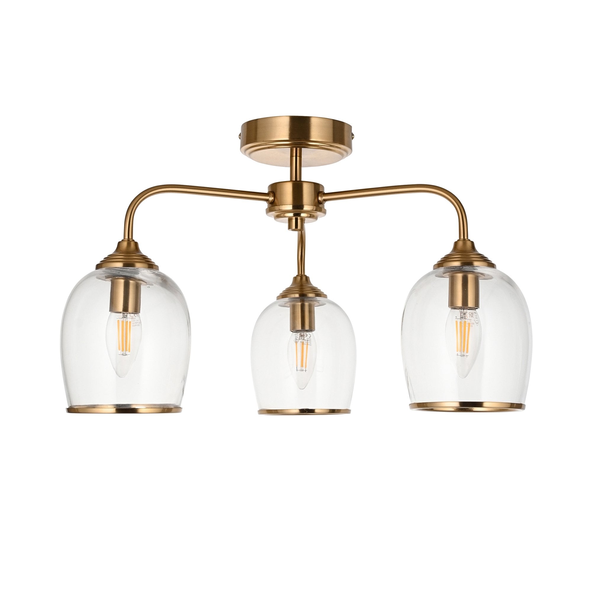 120616 Ashcroft 3 Light Semi Flush Ceiling Light Brushed Aged Brass Plate & Clear Glass