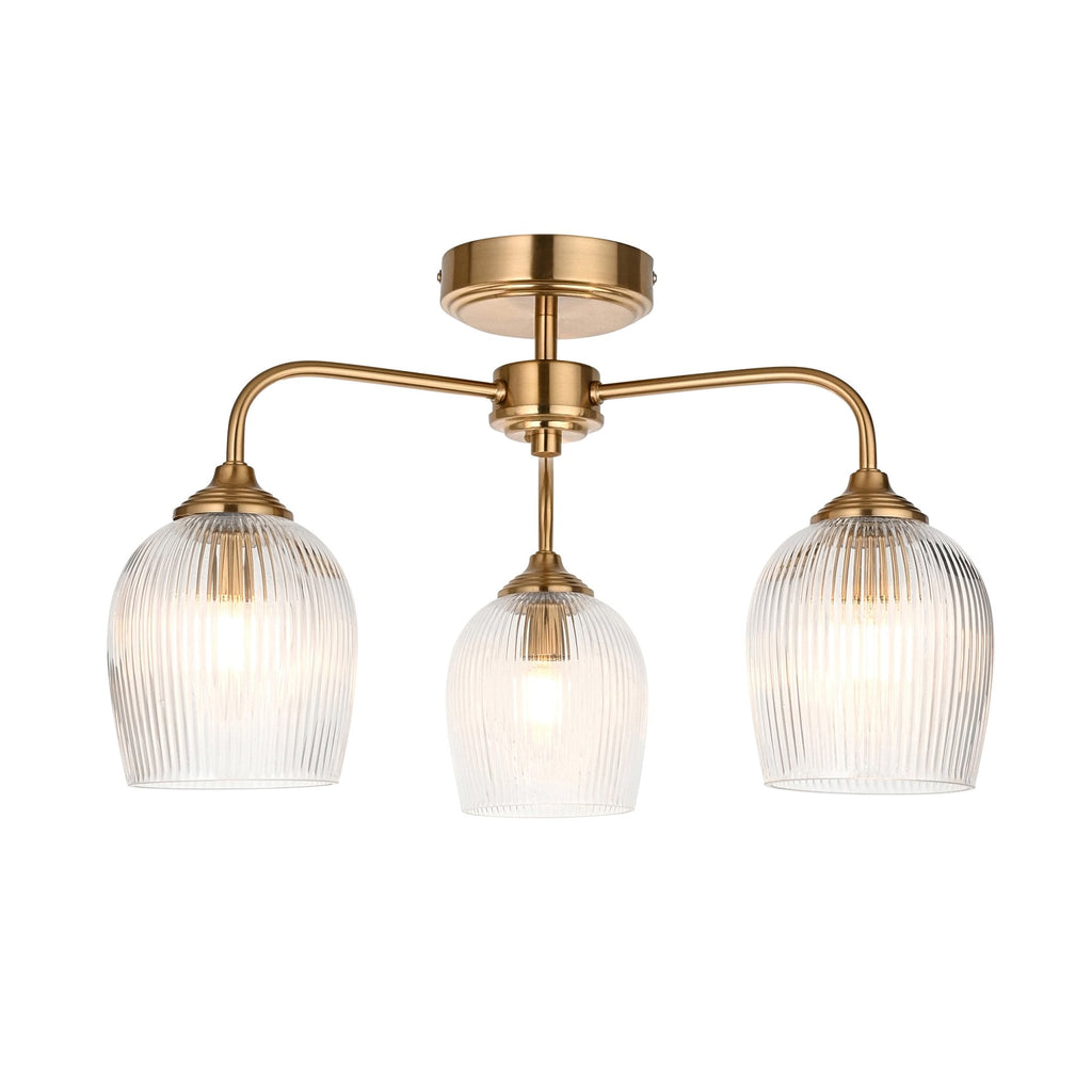 120617 Ashcroft Ribbed 3 Light Semi Flush Ceiling Light Brushed Aged Brass Plate & Clear Ribbed Glass