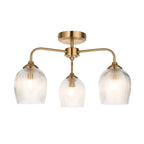 120617 Ashcroft Ribbed 3 Light Semi Flush Ceiling Light Brushed Aged Brass Plate & Clear Ribbed Glass