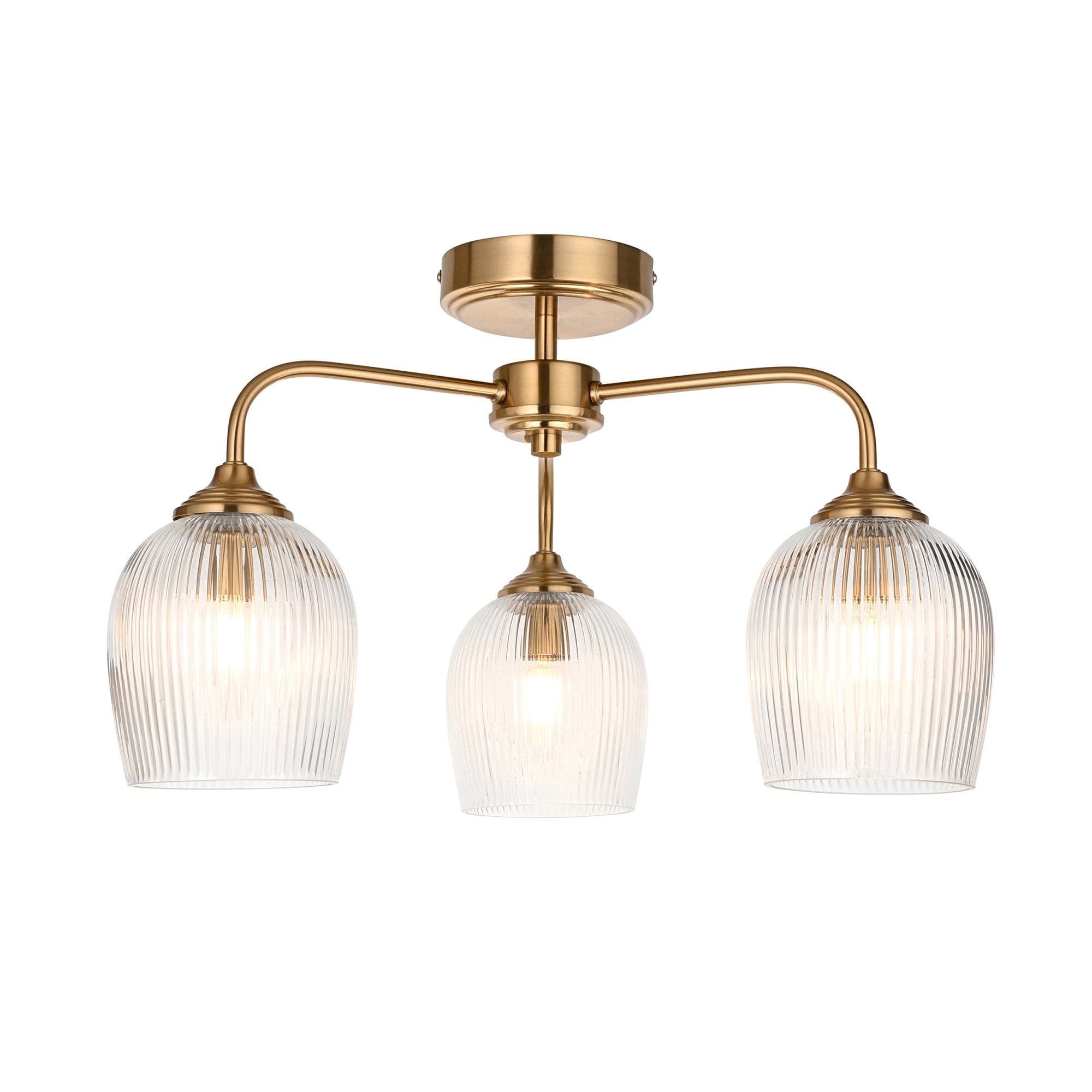 120617 Ashcroft Ribbed 3 Light Semi Flush Ceiling Light Brushed Aged Brass Plate & Clear Ribbed Glass
