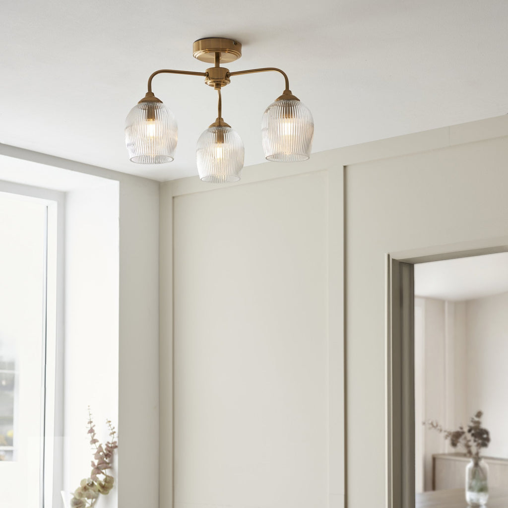 120617 Ashcroft Ribbed 3 Light Semi Flush Ceiling Light Brushed Aged Brass Plate & Clear Ribbed Glass