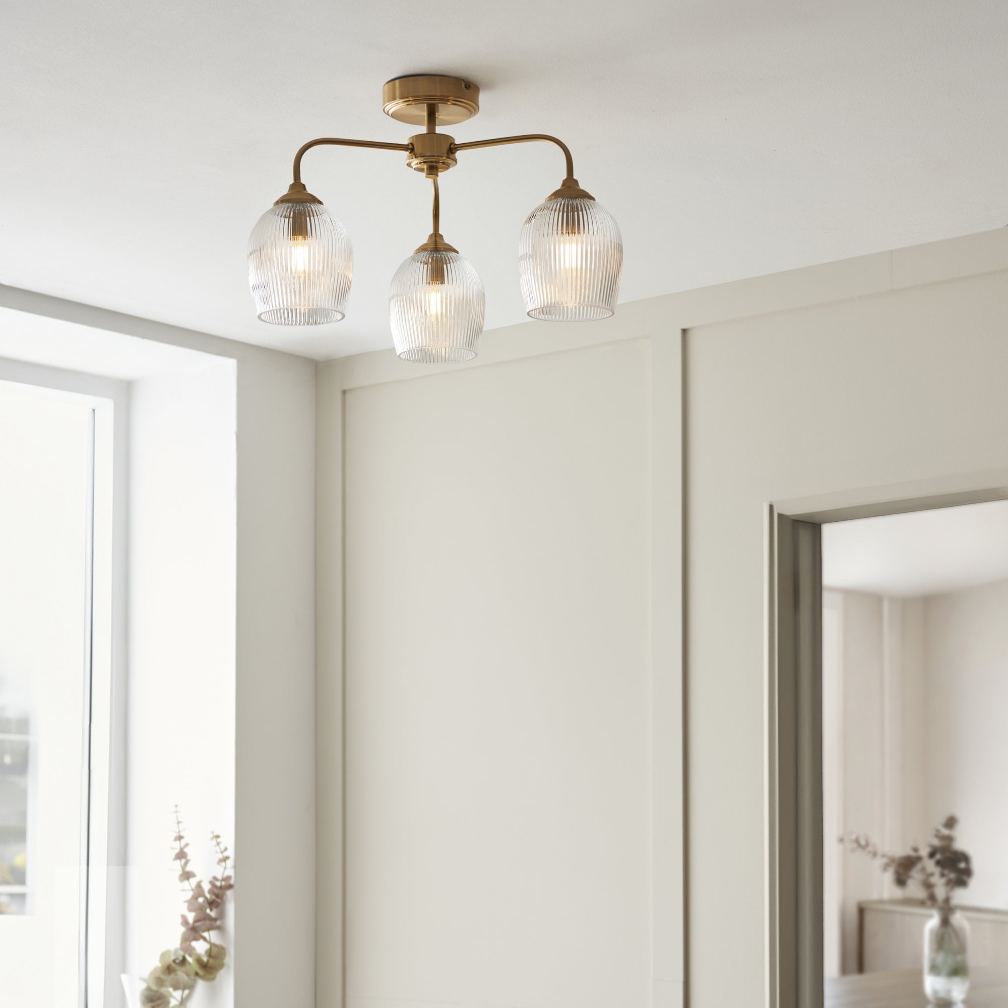 120617 Ashcroft Ribbed 3 Light Semi Flush Ceiling Light Brushed Aged Brass Plate & Clear Ribbed Glass