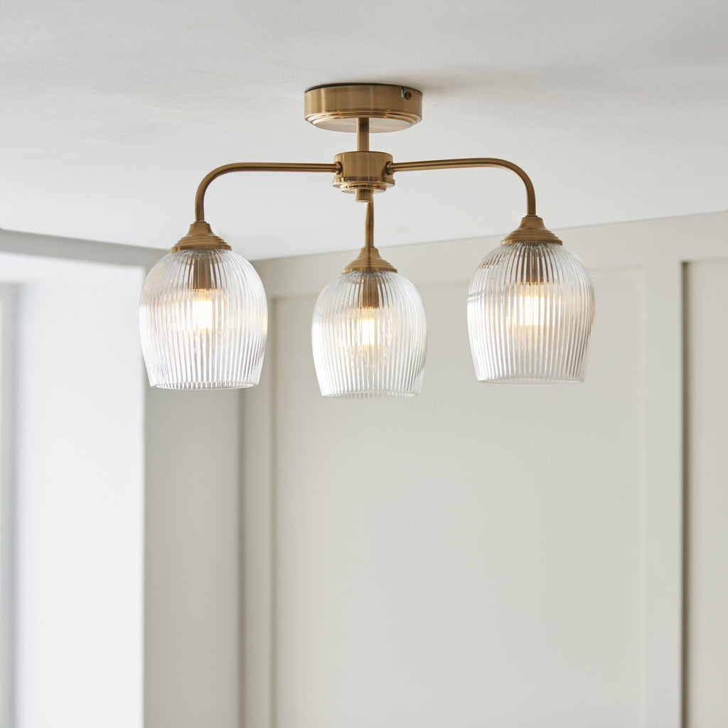 120617 Ashcroft Ribbed 3 Light Semi Flush Ceiling Light Brushed Aged Brass Plate & Clear Ribbed Glass