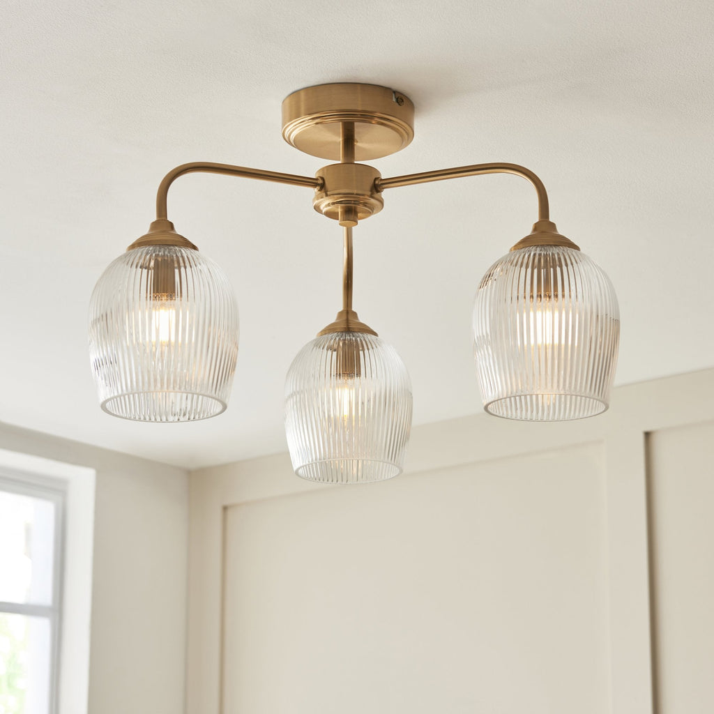 120617 Ashcroft Ribbed 3 Light Semi Flush Ceiling Light Brushed Aged Brass Plate & Clear Ribbed Glass