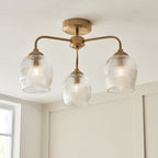 120617 Ashcroft Ribbed 3 Light Semi Flush Ceiling Light Brushed Aged Brass Plate & Clear Ribbed Glass