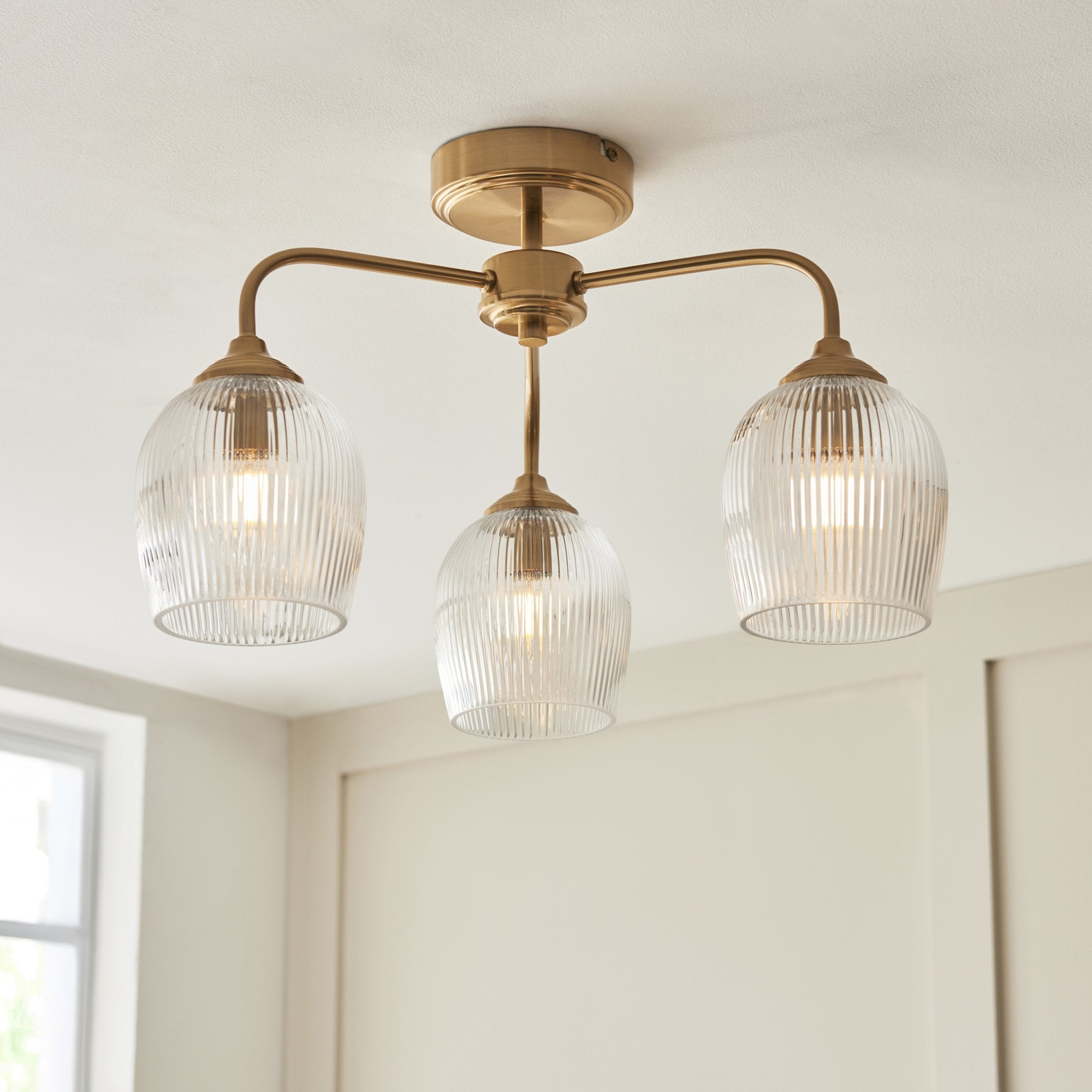 120617 Ashcroft Ribbed 3 Light Semi Flush Ceiling Light Brushed Aged Brass Plate & Clear Ribbed Glass