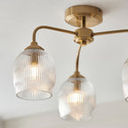 120617 Ashcroft Ribbed 3 Light Semi Flush Ceiling Light Brushed Aged Brass Plate & Clear Ribbed Glass