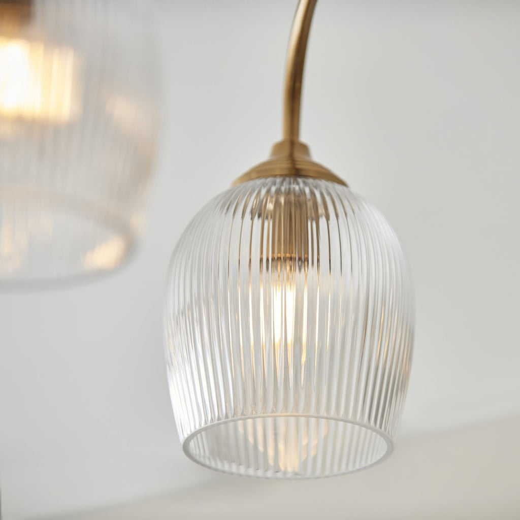 120617 Ashcroft Ribbed 3 Light Semi Flush Ceiling Light Brushed Aged Brass Plate & Clear Ribbed Glass