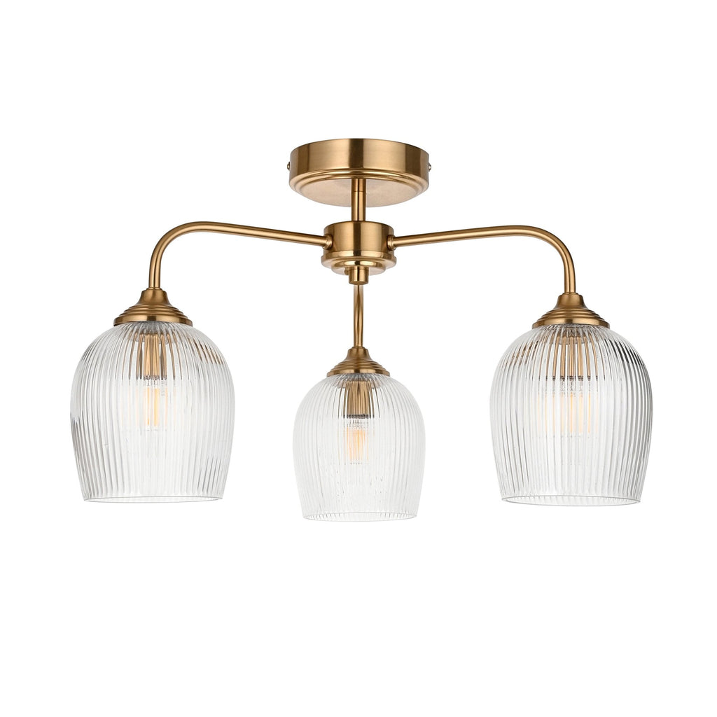 120617 Ashcroft Ribbed 3 Light Semi Flush Ceiling Light Brushed Aged Brass Plate & Clear Ribbed Glass