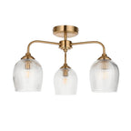 120617 Ashcroft Ribbed 3 Light Semi Flush Ceiling Light Brushed Aged Brass Plate & Clear Ribbed Glass