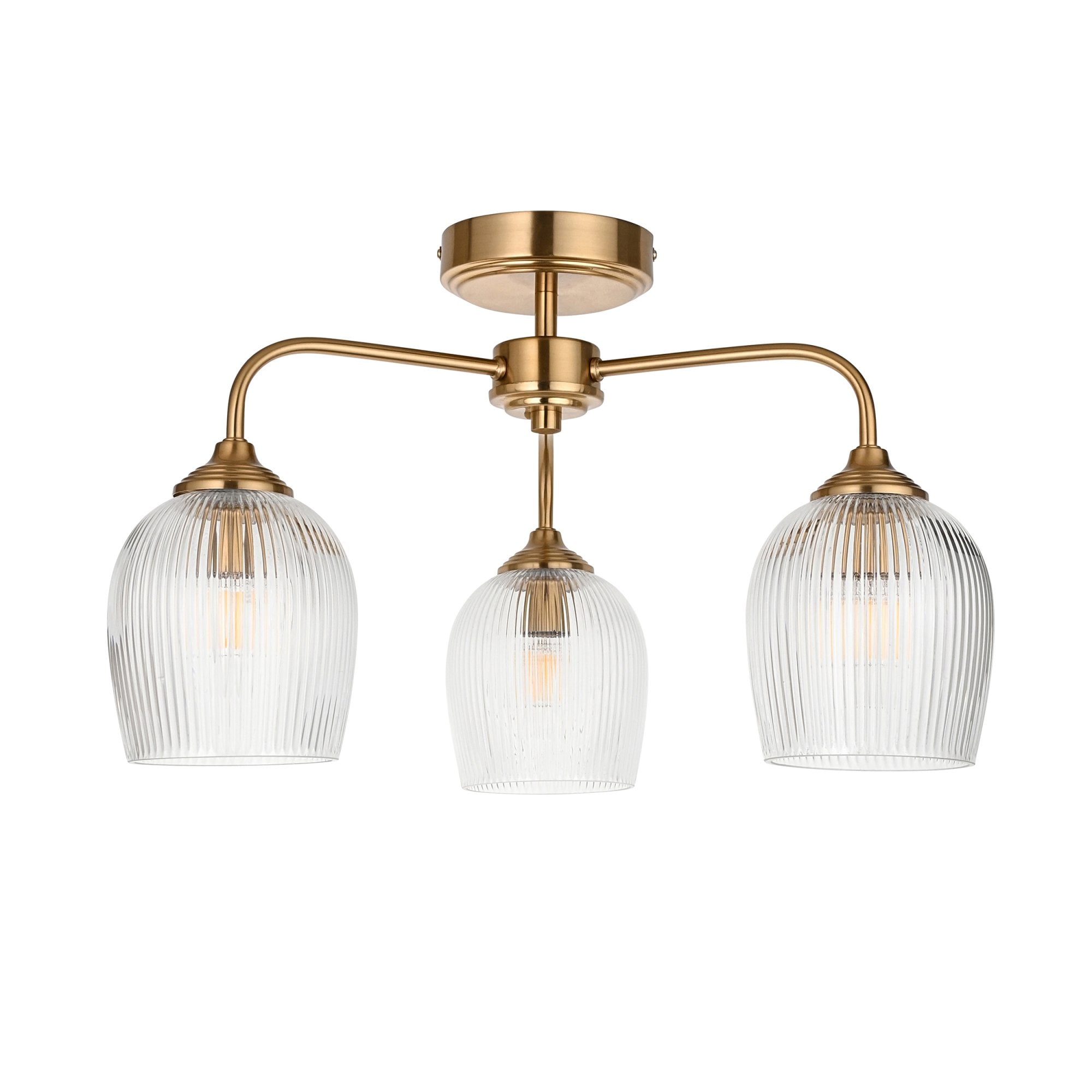 120617 Ashcroft Ribbed 3 Light Semi Flush Ceiling Light Brushed Aged Brass Plate & Clear Ribbed Glass