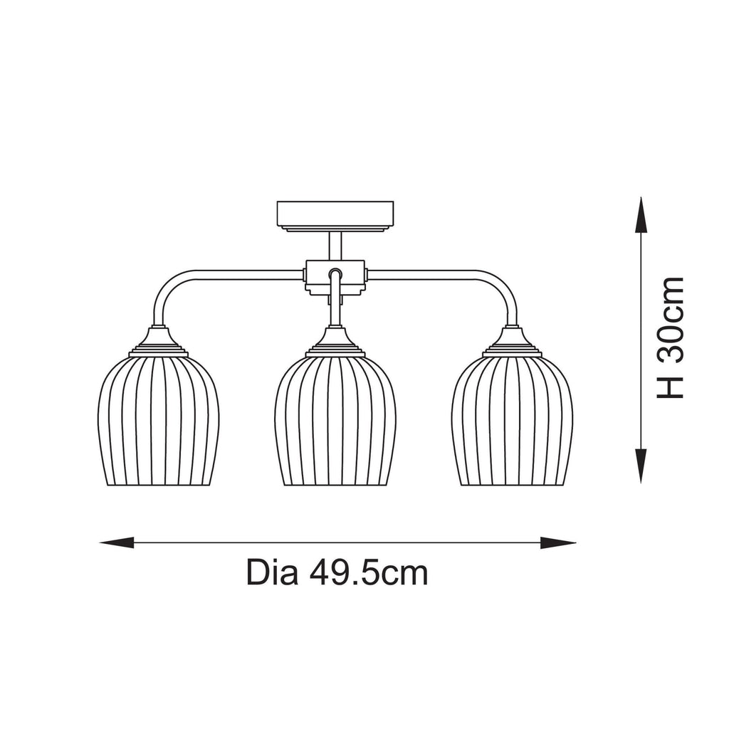 120617 Ashcroft Ribbed 3 Light Semi Flush Ceiling Light Brushed Aged Brass Plate & Clear Ribbed Glass