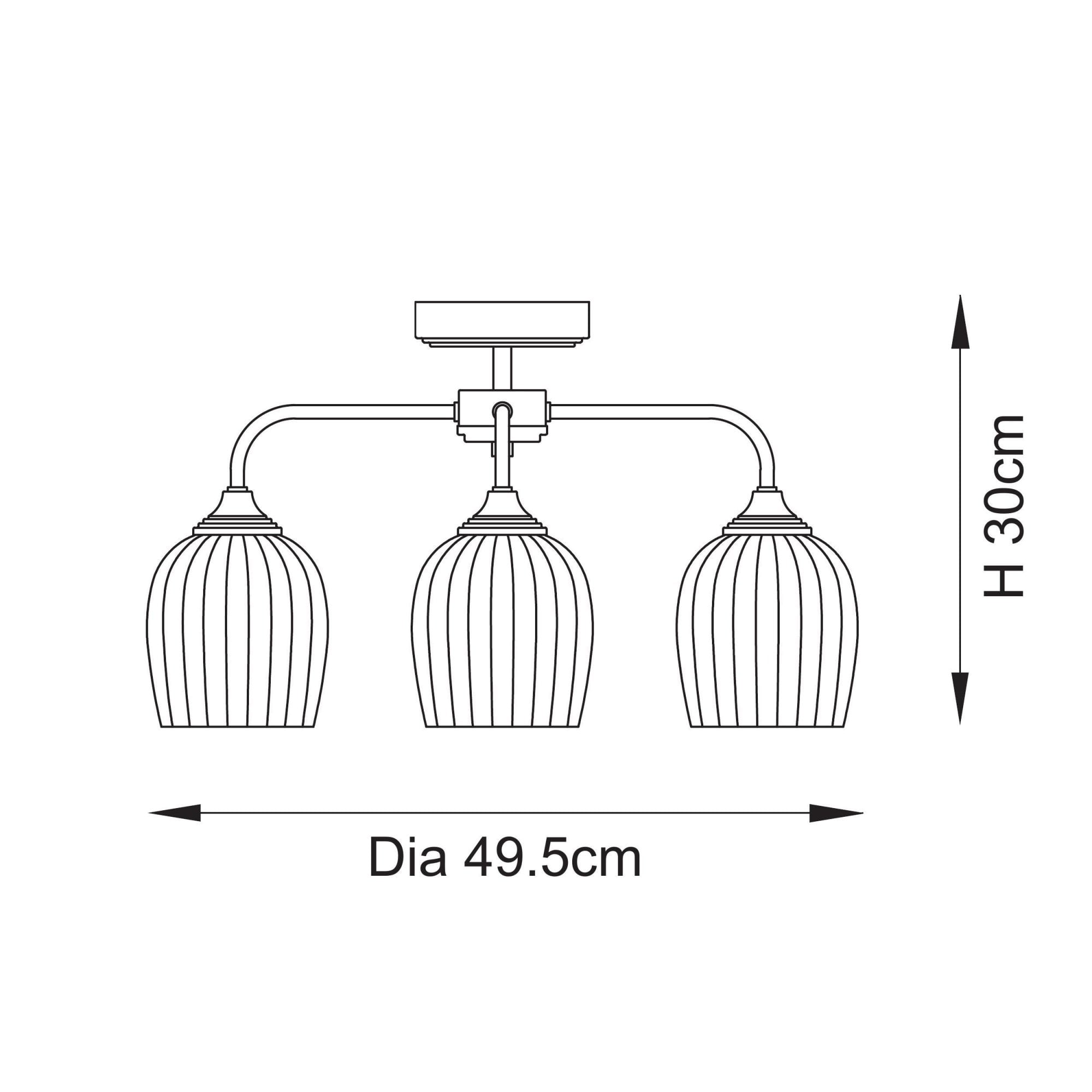 120617 Ashcroft Ribbed 3 Light Semi Flush Ceiling Light Brushed Aged Brass Plate & Clear Ribbed Glass