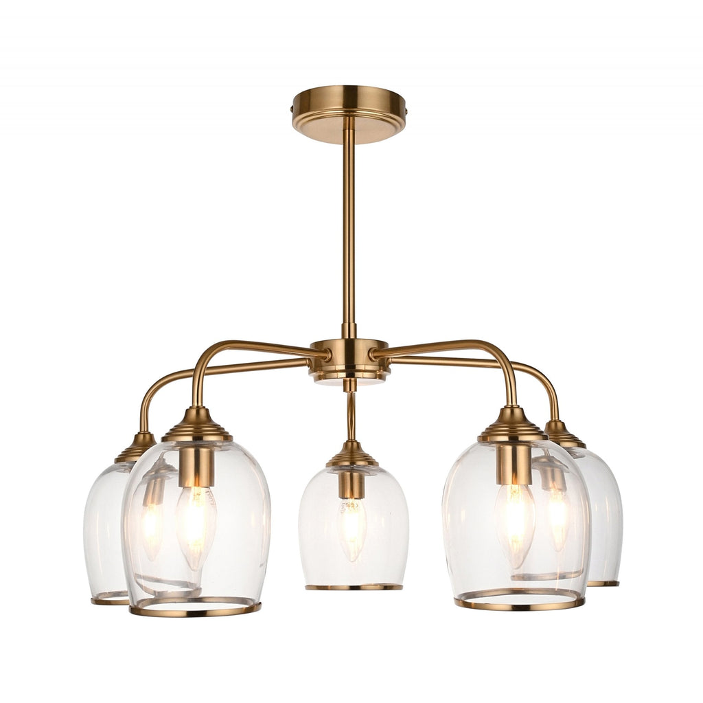 120618 Ashcroft 5 Light Pendant Brushed Aged Brass Plate & Clear Glass