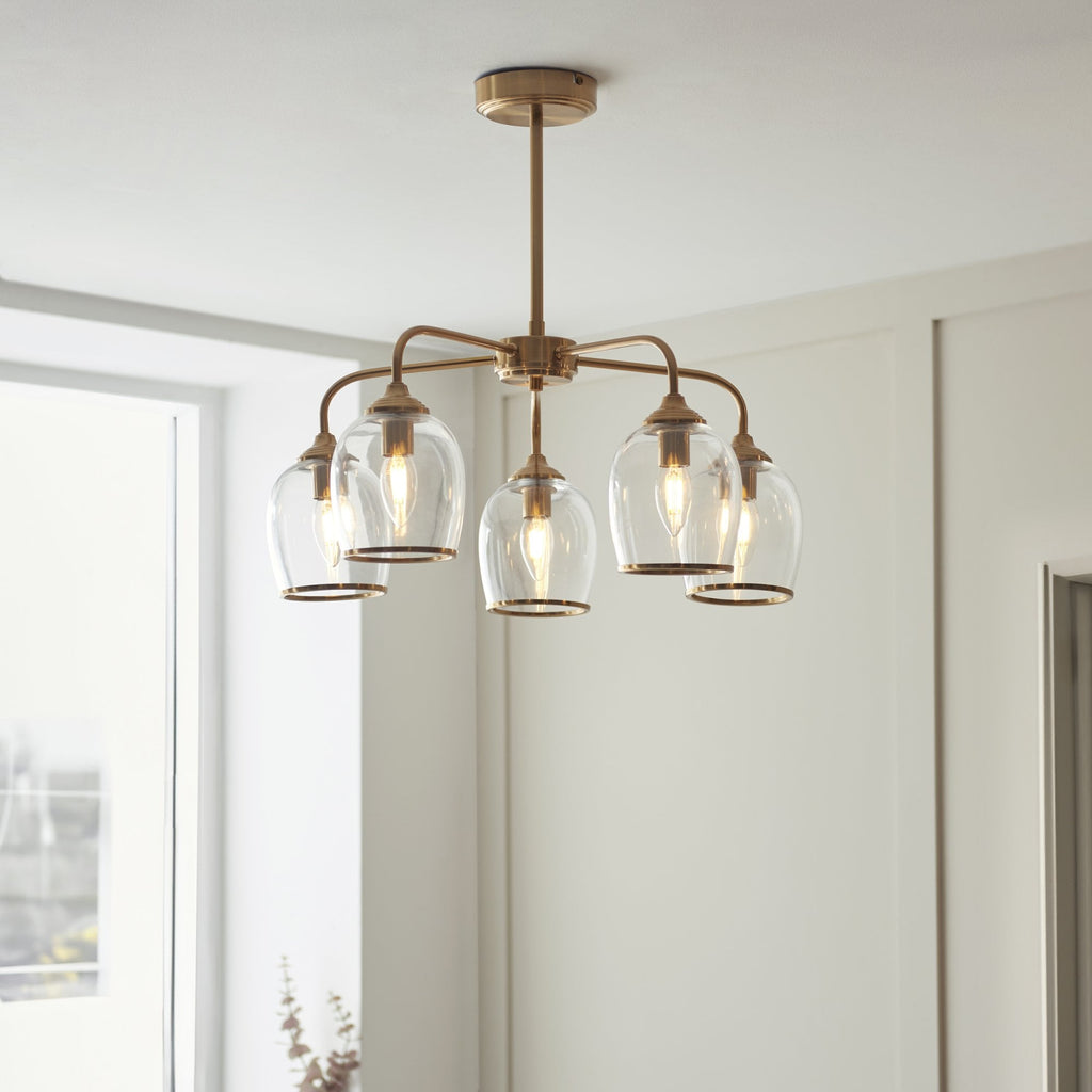 120618 Ashcroft 5 Light Pendant Brushed Aged Brass Plate & Clear Glass