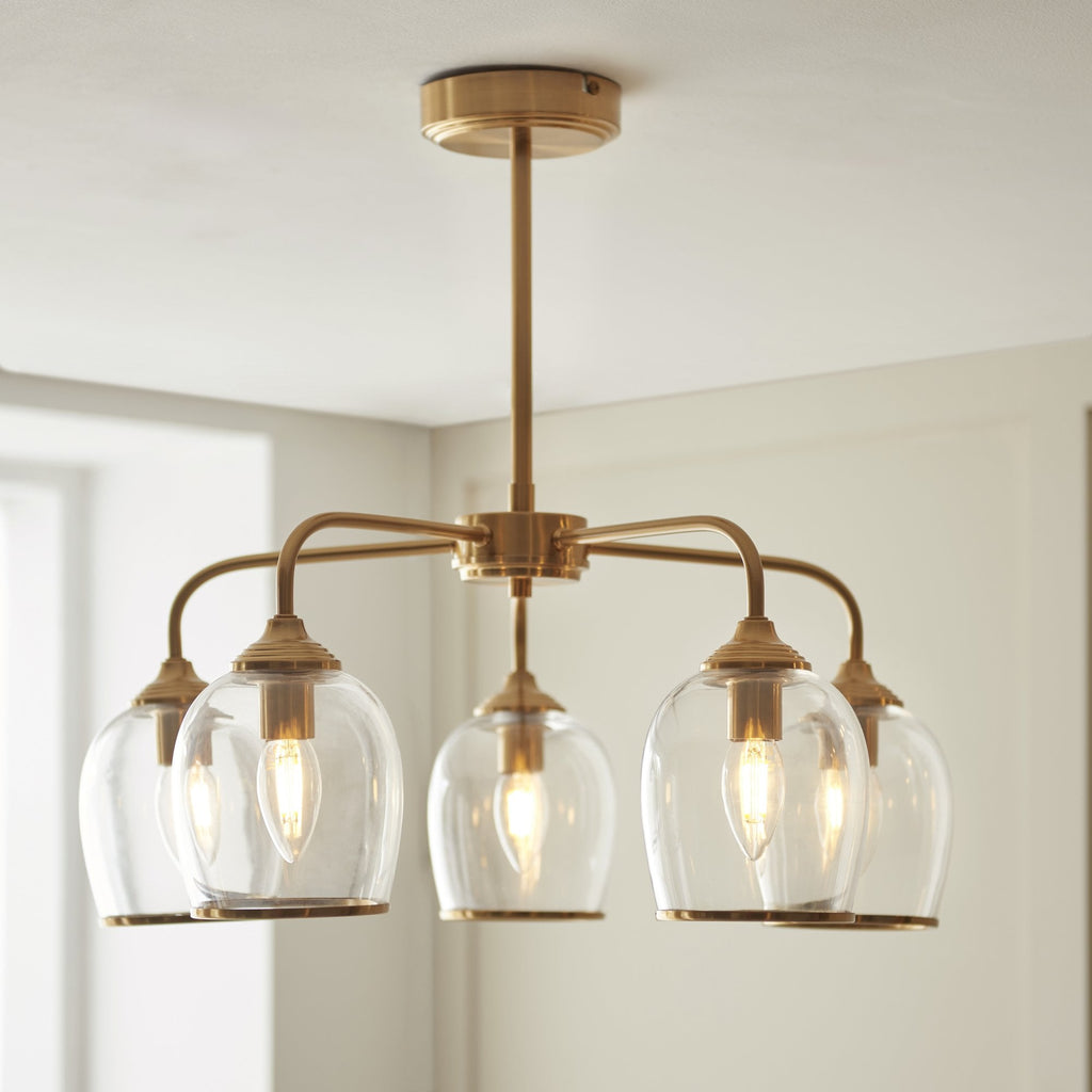 120618 Ashcroft 5 Light Pendant Brushed Aged Brass Plate & Clear Glass