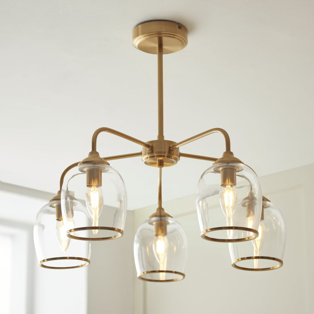 120618 Ashcroft 5 Light Pendant Brushed Aged Brass Plate & Clear Glass