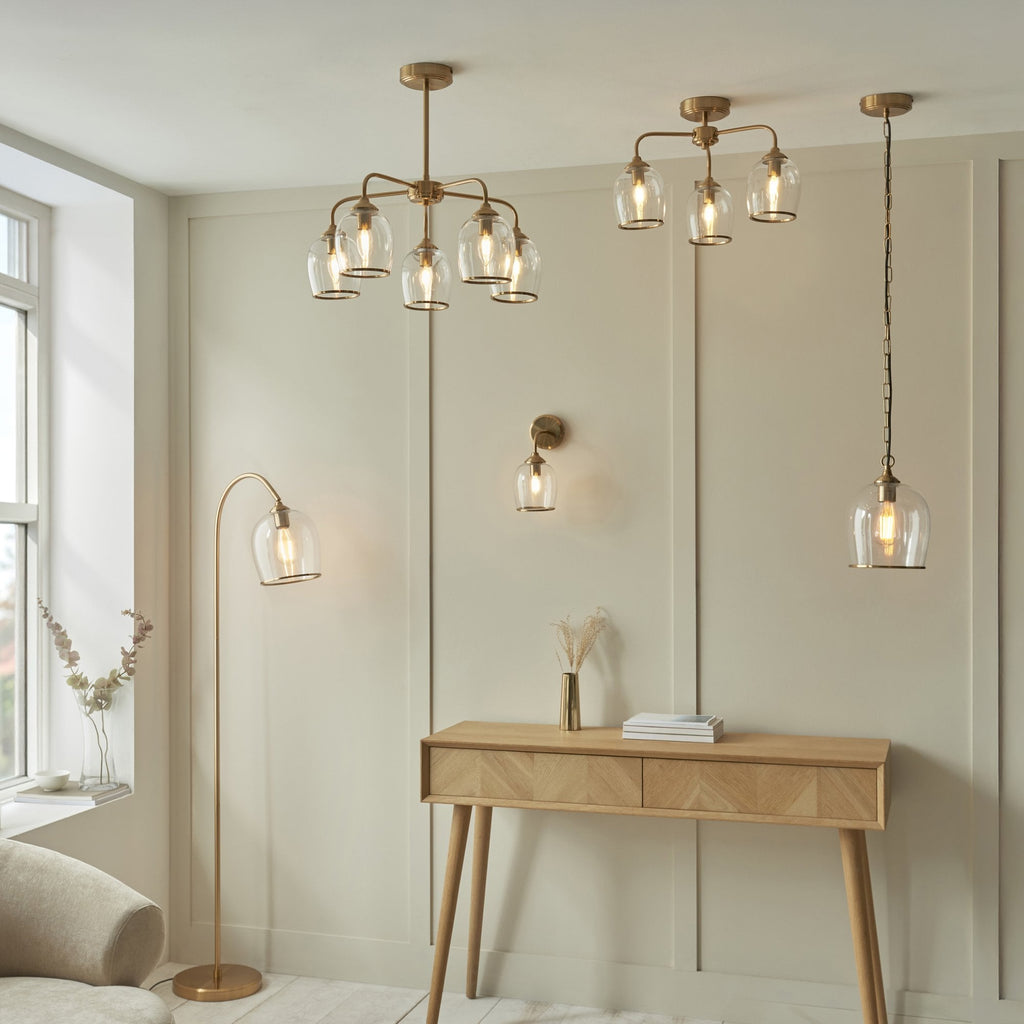 120618 Ashcroft 5 Light Pendant Brushed Aged Brass Plate & Clear Glass