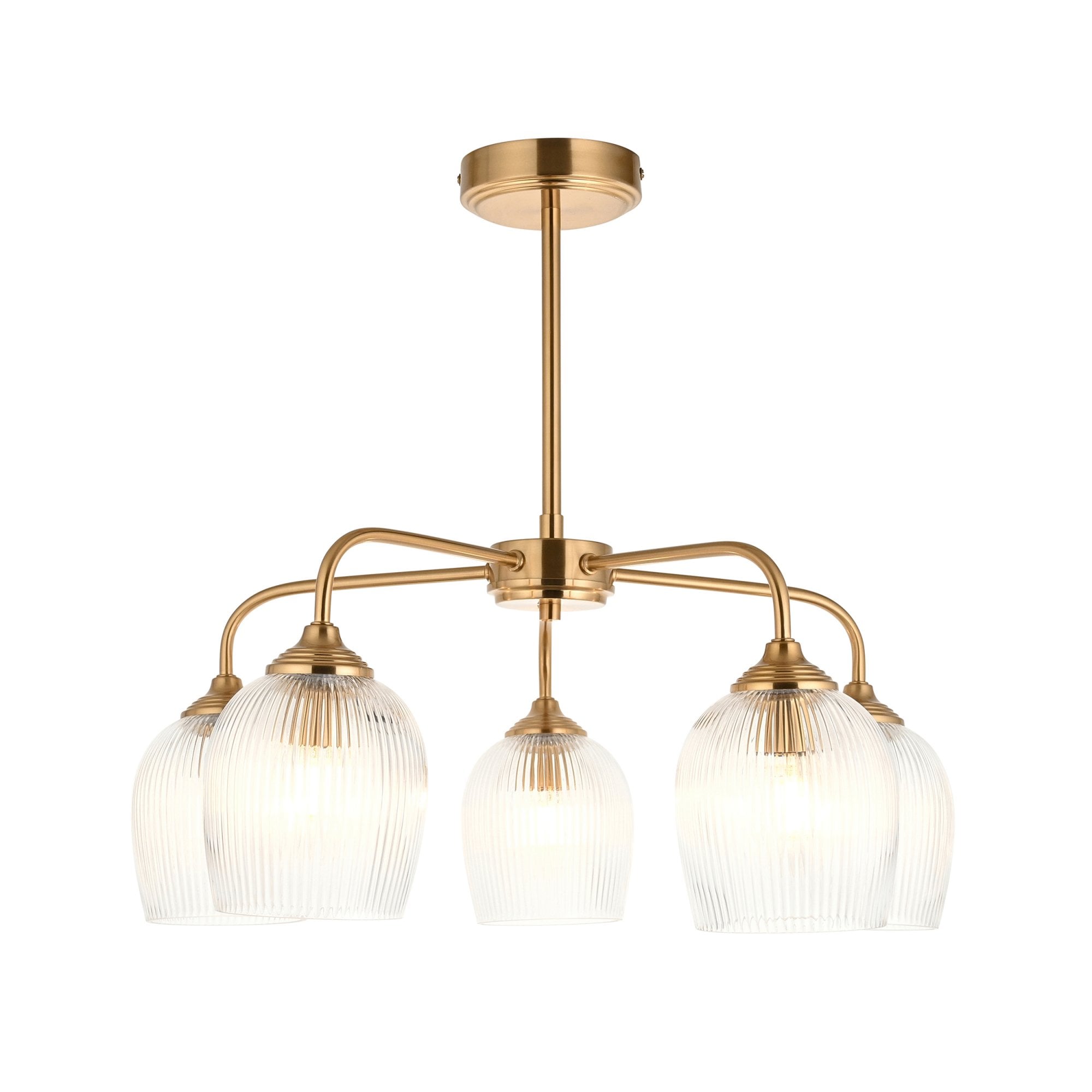 120619 Ashcroft Ribbed 5 Light Pendant Brushed Aged Brass Plate & Clear Ribbed Glass