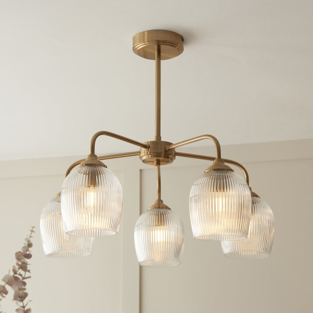 120619 Ashcroft Ribbed 5 Light Pendant Brushed Aged Brass Plate & Clear Ribbed Glass