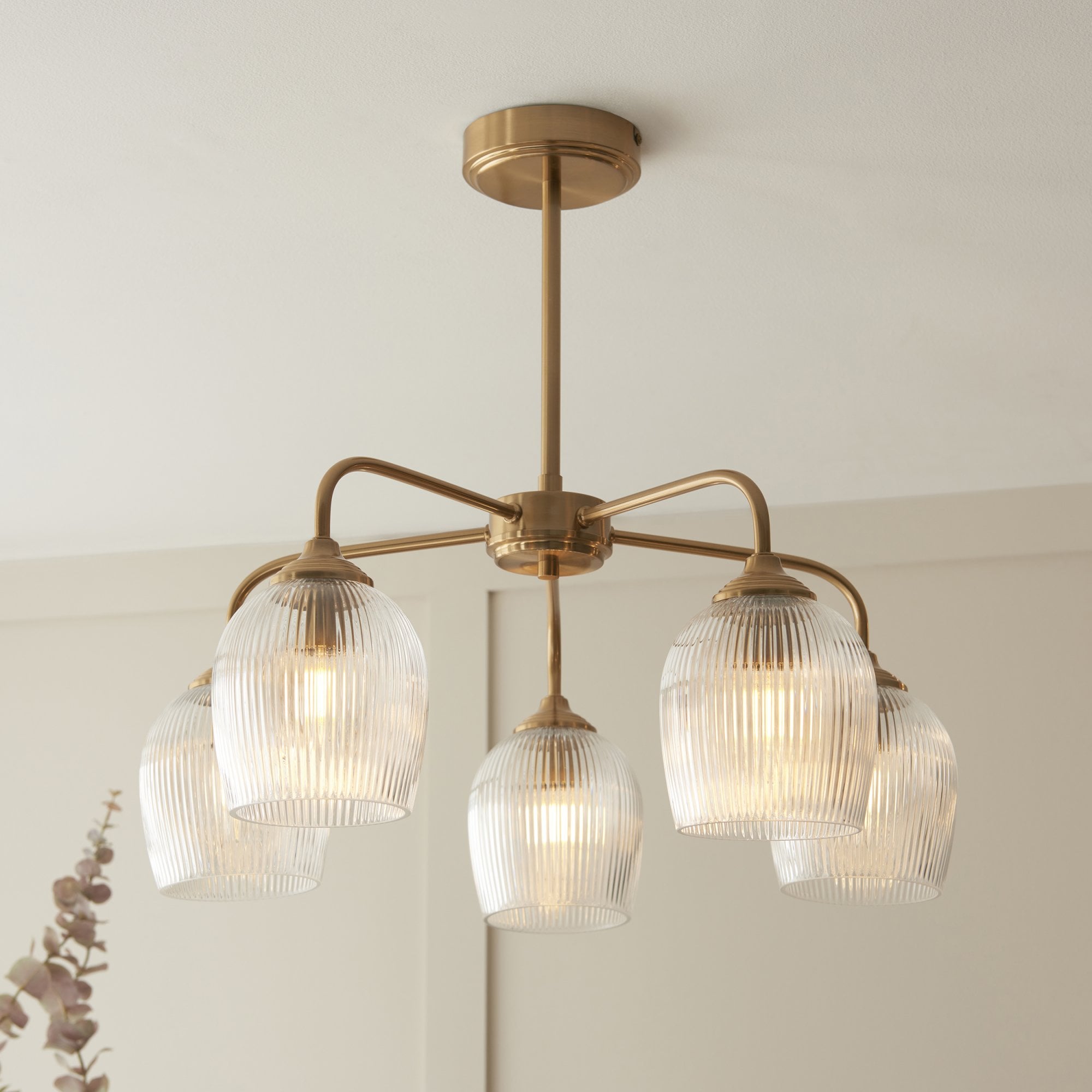 120619 Ashcroft Ribbed 5 Light Pendant Brushed Aged Brass Plate & Clear Ribbed Glass