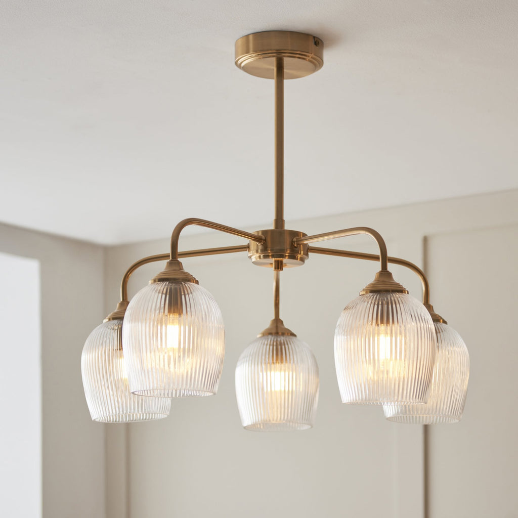 120619 Ashcroft Ribbed 5 Light Pendant Brushed Aged Brass Plate & Clear Ribbed Glass