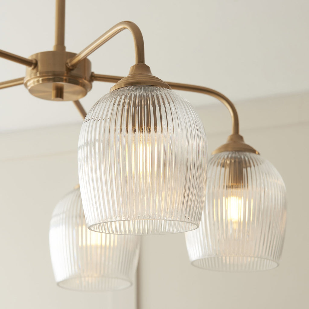 120619 Ashcroft Ribbed 5 Light Pendant Brushed Aged Brass Plate & Clear Ribbed Glass