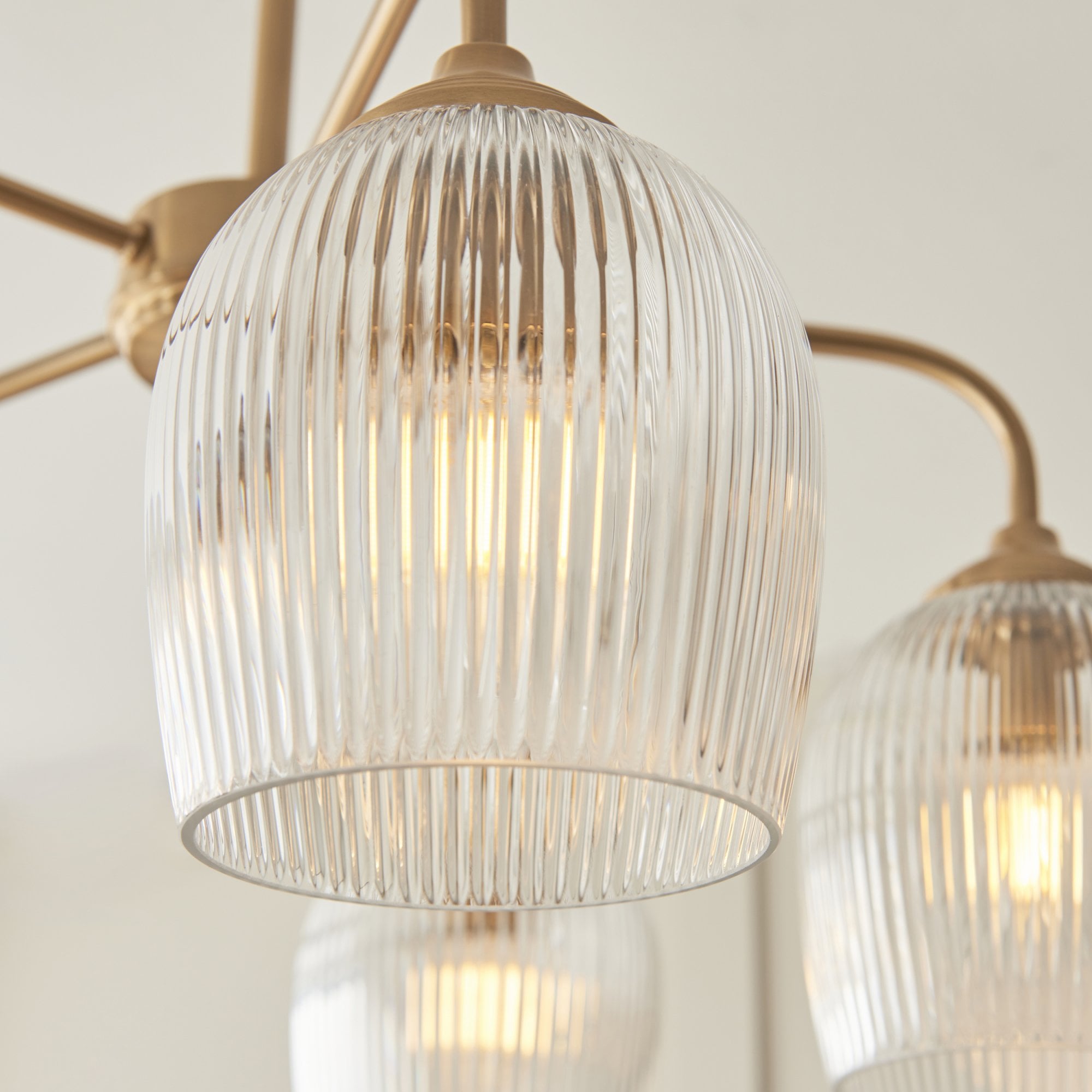 120619 Ashcroft Ribbed 5 Light Pendant Brushed Aged Brass Plate & Clear Ribbed Glass