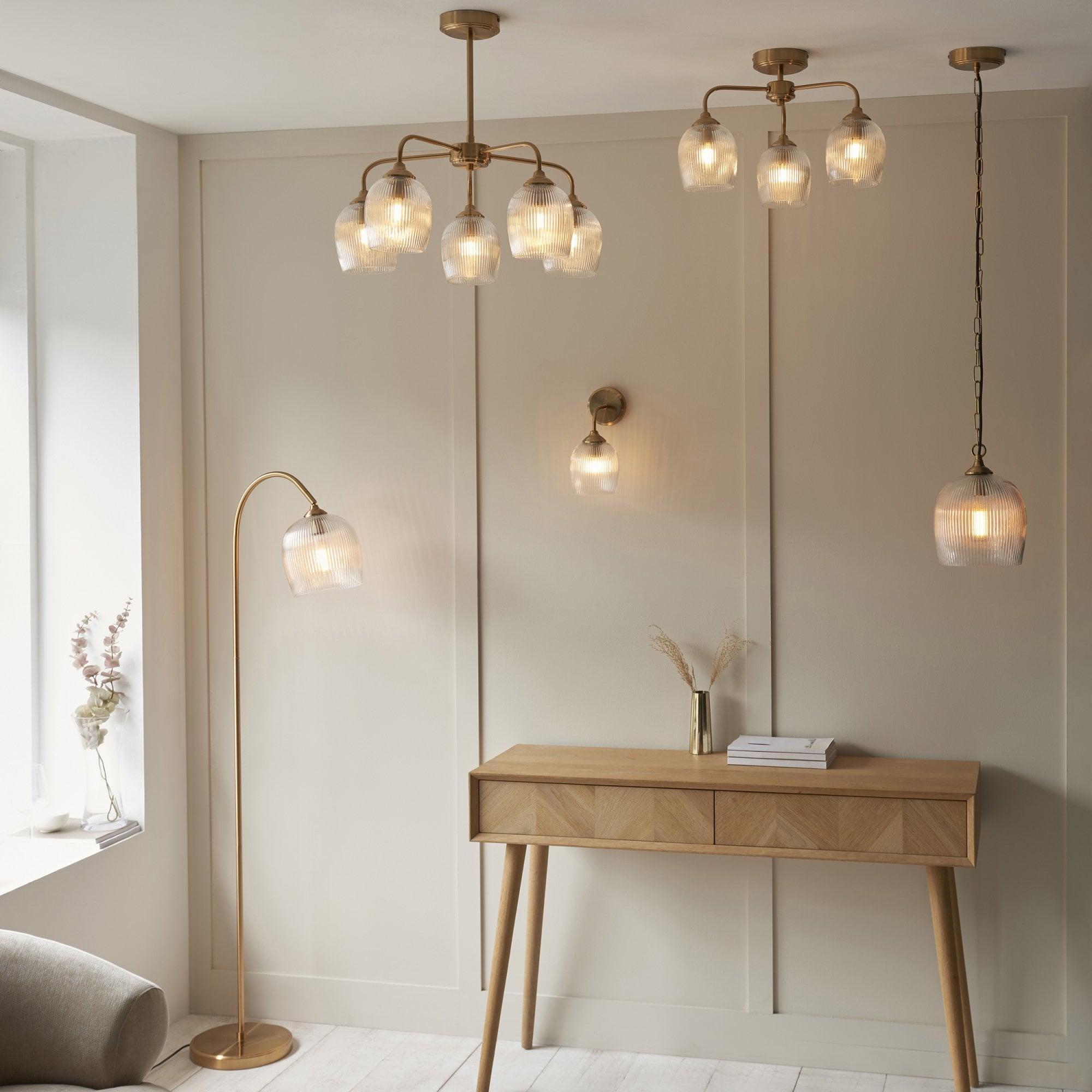 120619 Ashcroft Ribbed 5 Light Pendant Brushed Aged Brass Plate & Clear Ribbed Glass