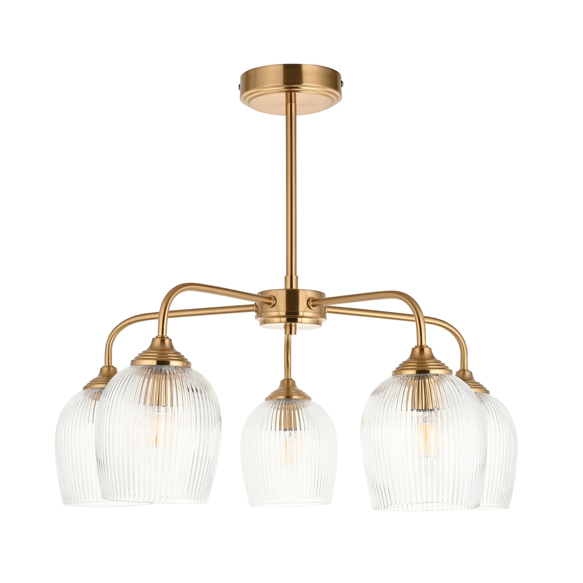 120619 Ashcroft Ribbed 5 Light Pendant Brushed Aged Brass Plate & Clear Ribbed Glass