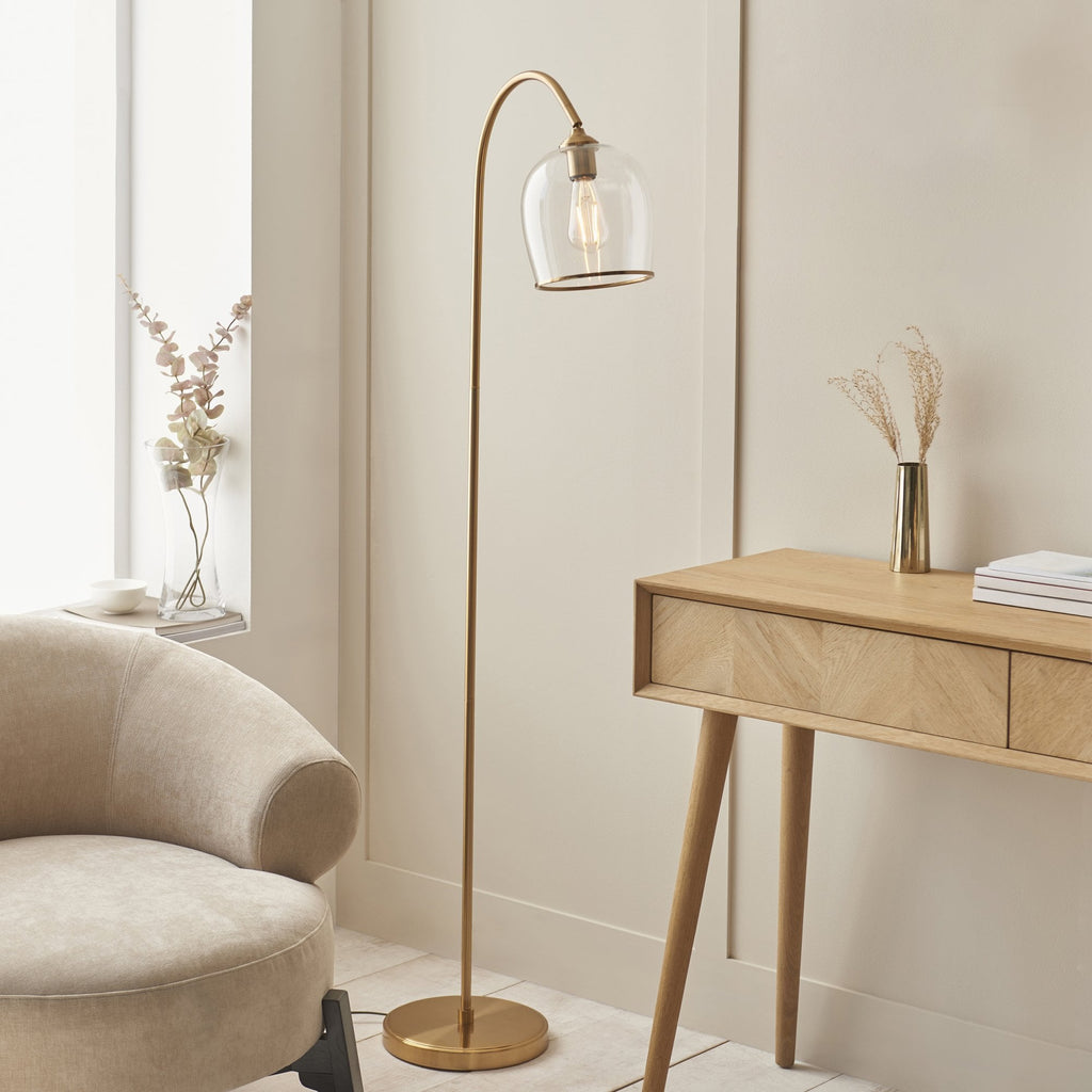 120620 Ashcroft Floor Lamp Brushed Aged Brass Plate & Clear Glass