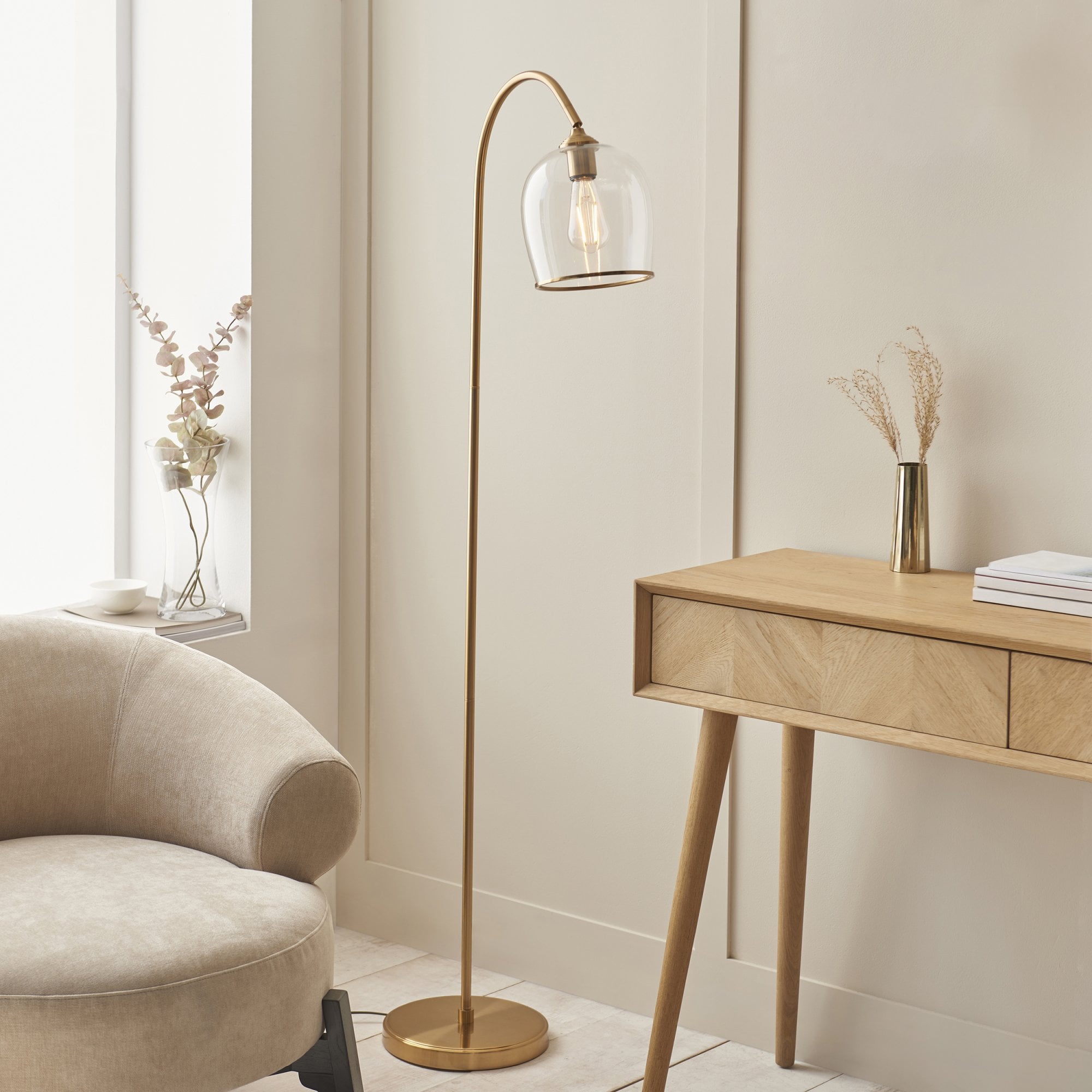 120620 Ashcroft Floor Lamp Brushed Aged Brass Plate & Clear Glass