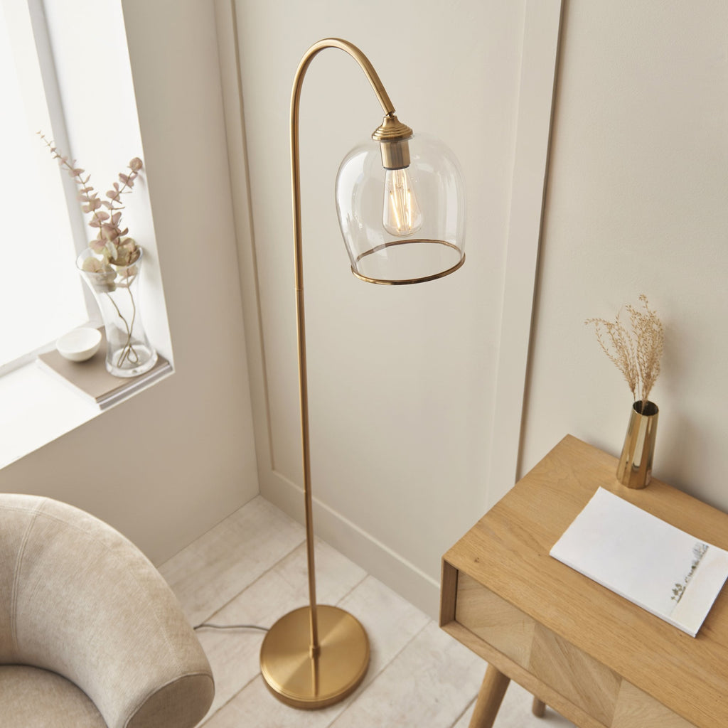 120620 Ashcroft Floor Lamp Brushed Aged Brass Plate & Clear Glass