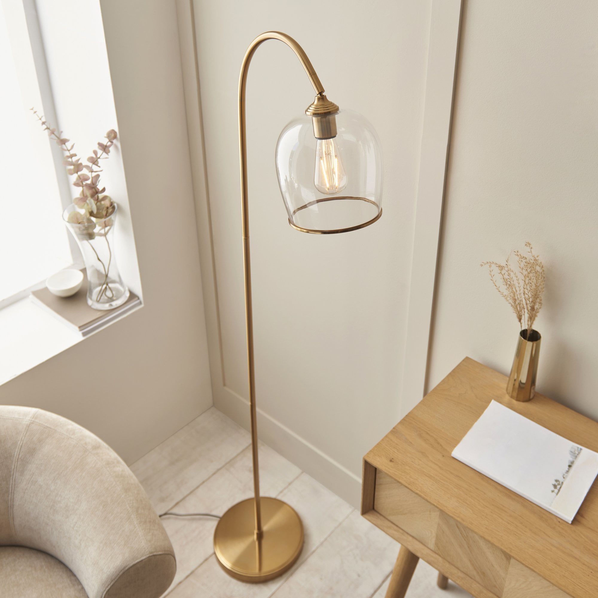 120620 Ashcroft Floor Lamp Brushed Aged Brass Plate & Clear Glass