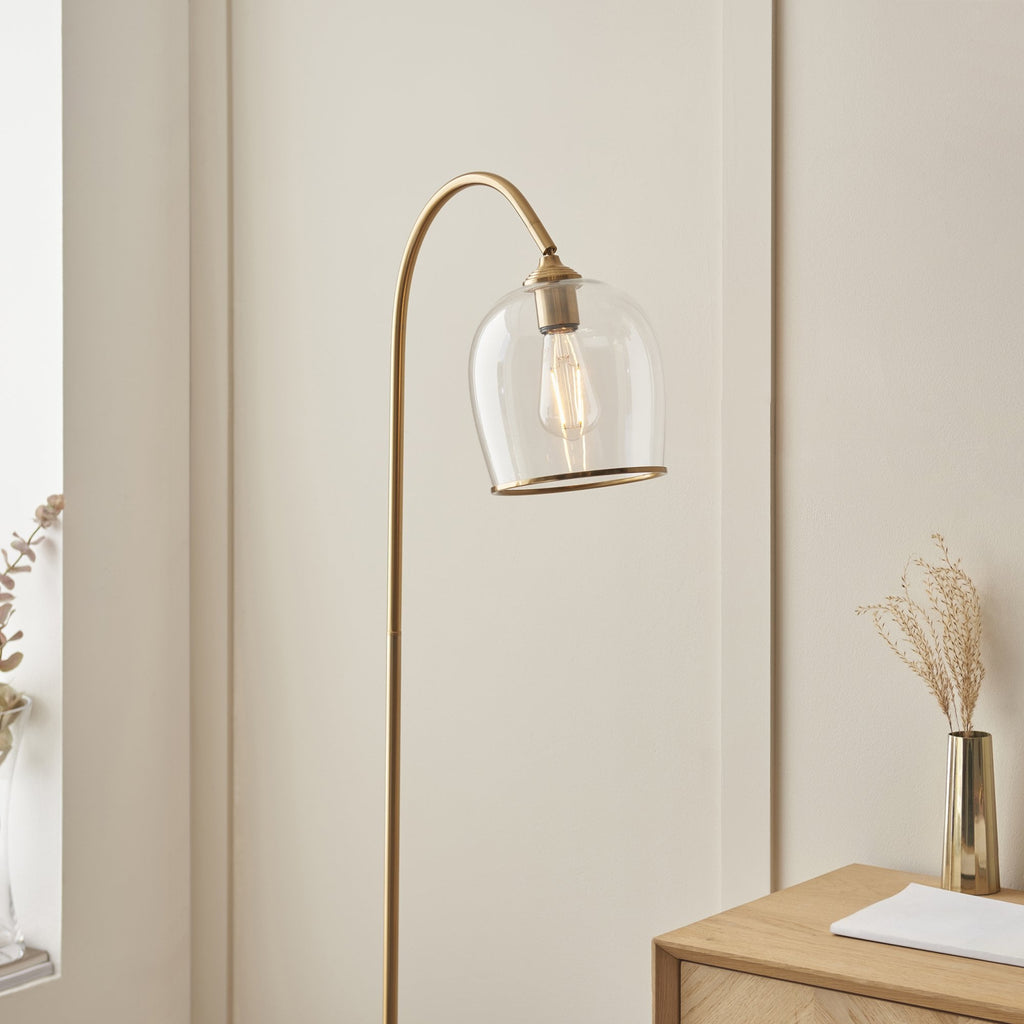 120620 Ashcroft Floor Lamp Brushed Aged Brass Plate & Clear Glass