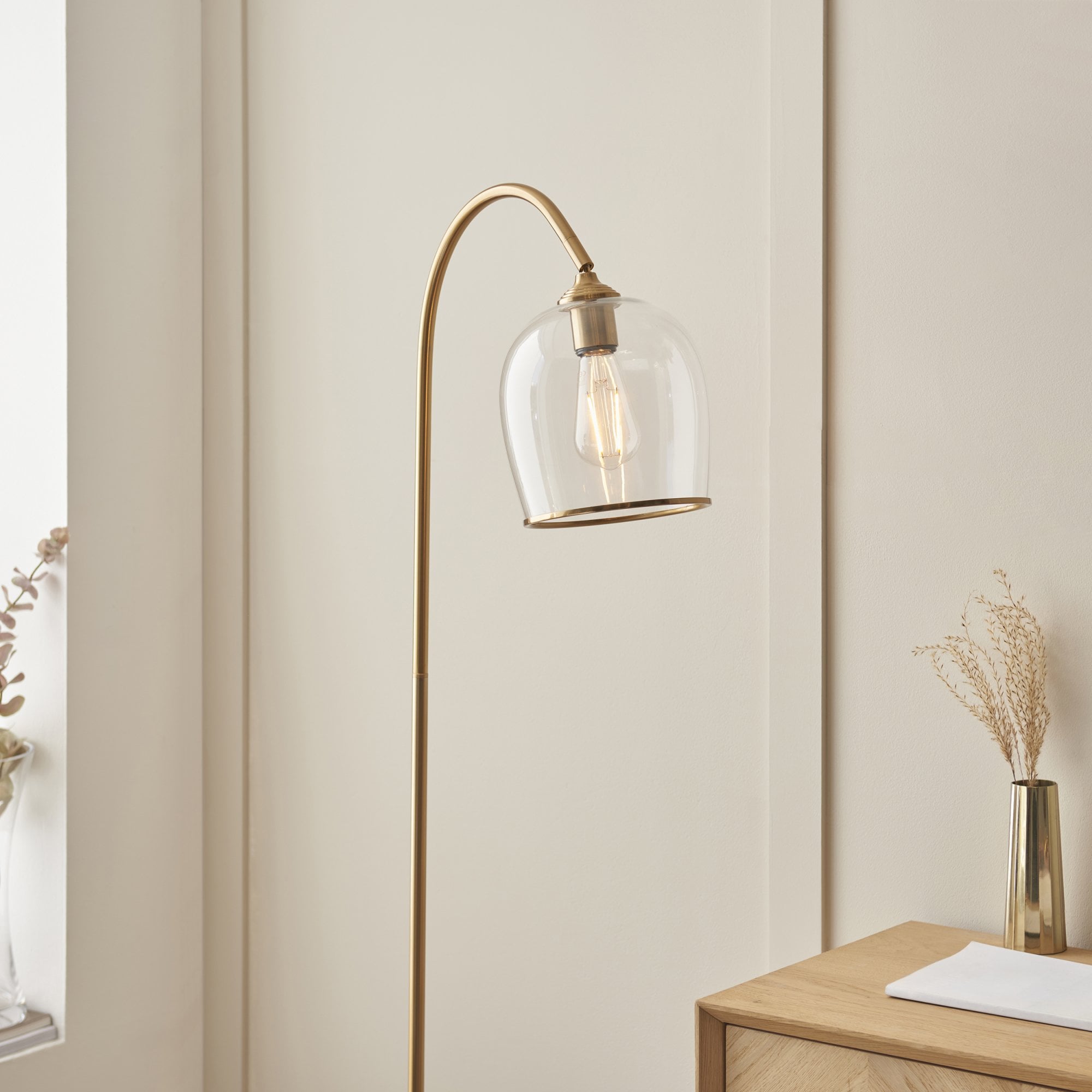 120620 Ashcroft Floor Lamp Brushed Aged Brass Plate & Clear Glass