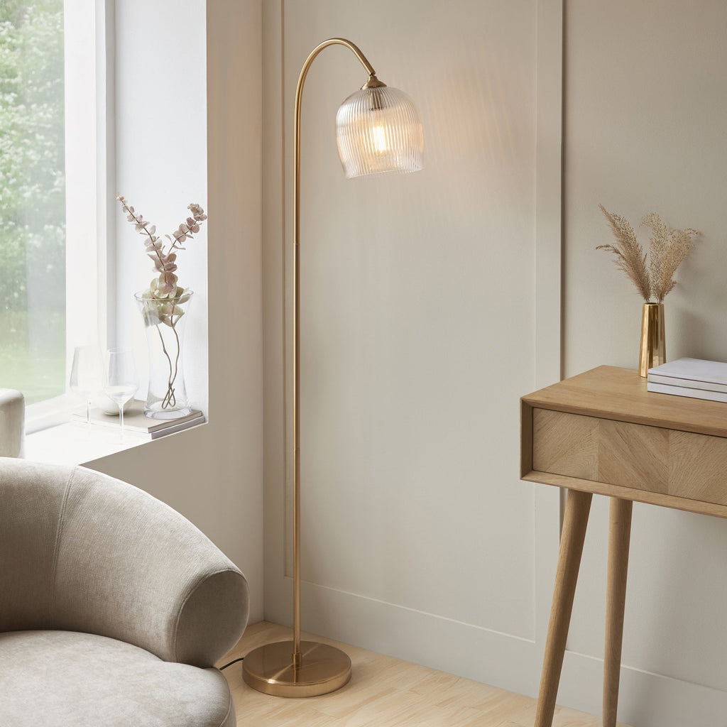 120621 Ashcroft Ribbed Floor Lamp Brushed Aged Brass Plate & Clear Ribbed Glass
