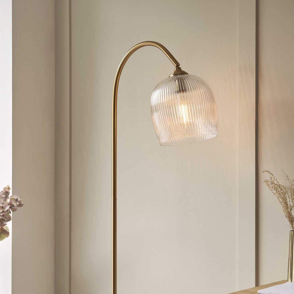 120621 Ashcroft Ribbed Floor Lamp Brushed Aged Brass Plate & Clear Ribbed Glass