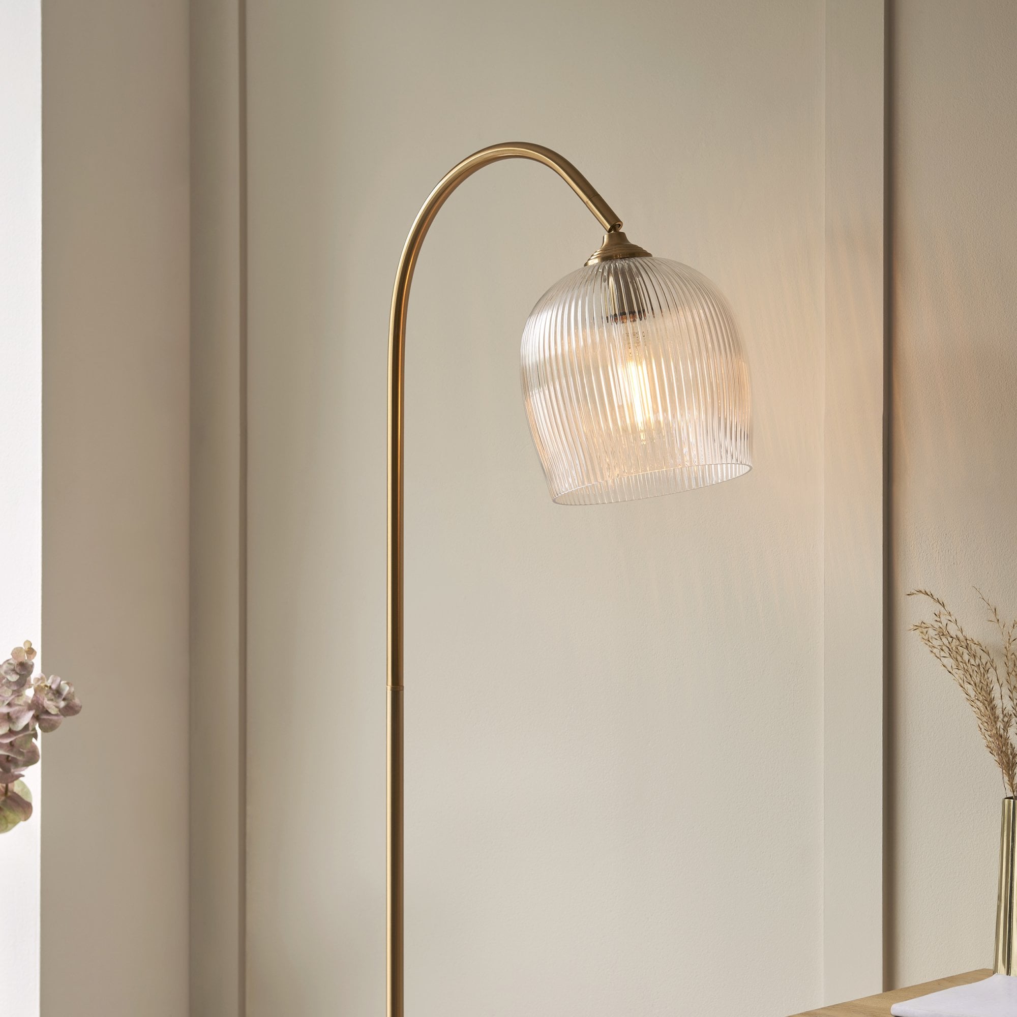 120621 Ashcroft Ribbed Floor Lamp Brushed Aged Brass Plate & Clear Ribbed Glass