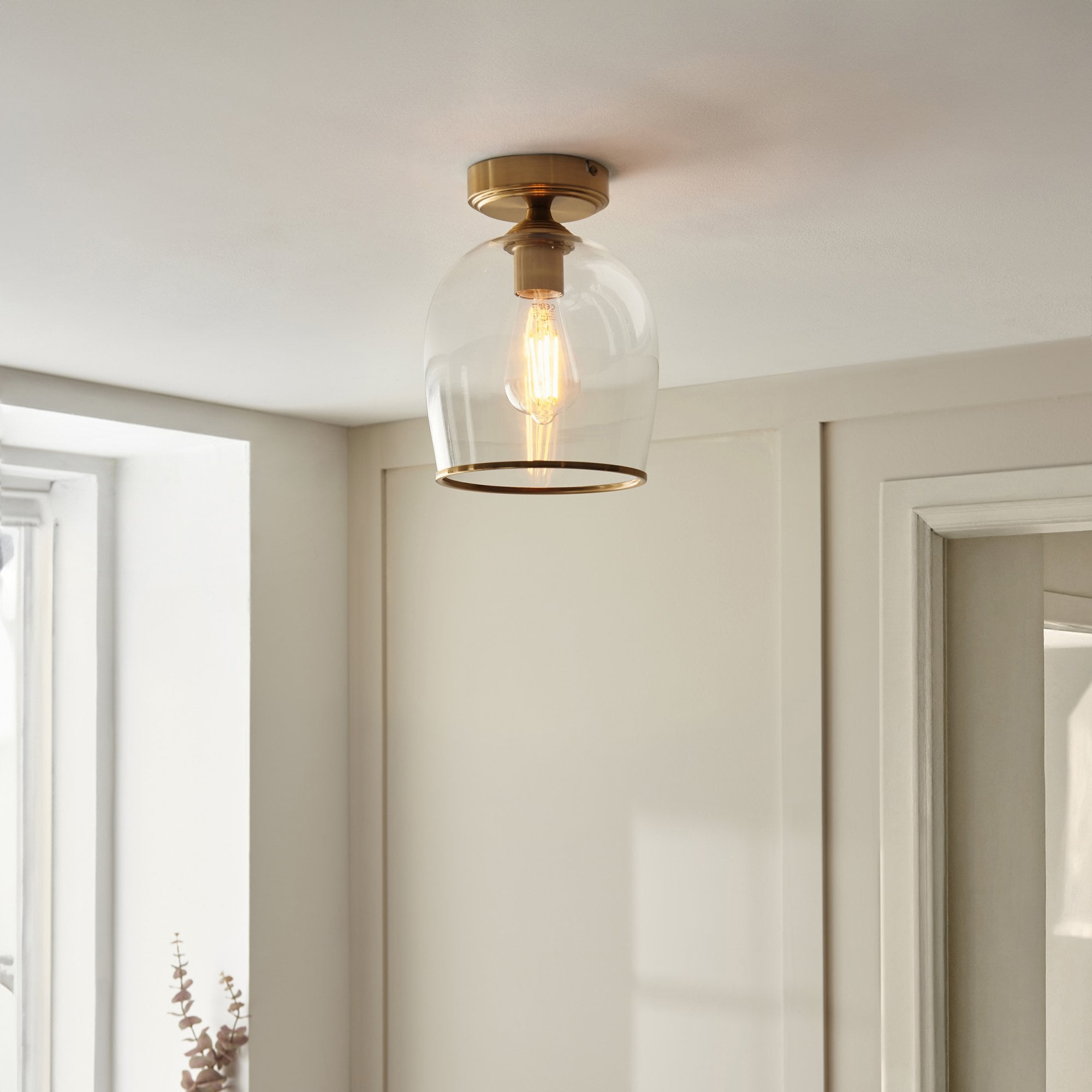 120622 Ashcroft Flush Ceiling Light Brushed Aged Brass Plate & Clear Glass